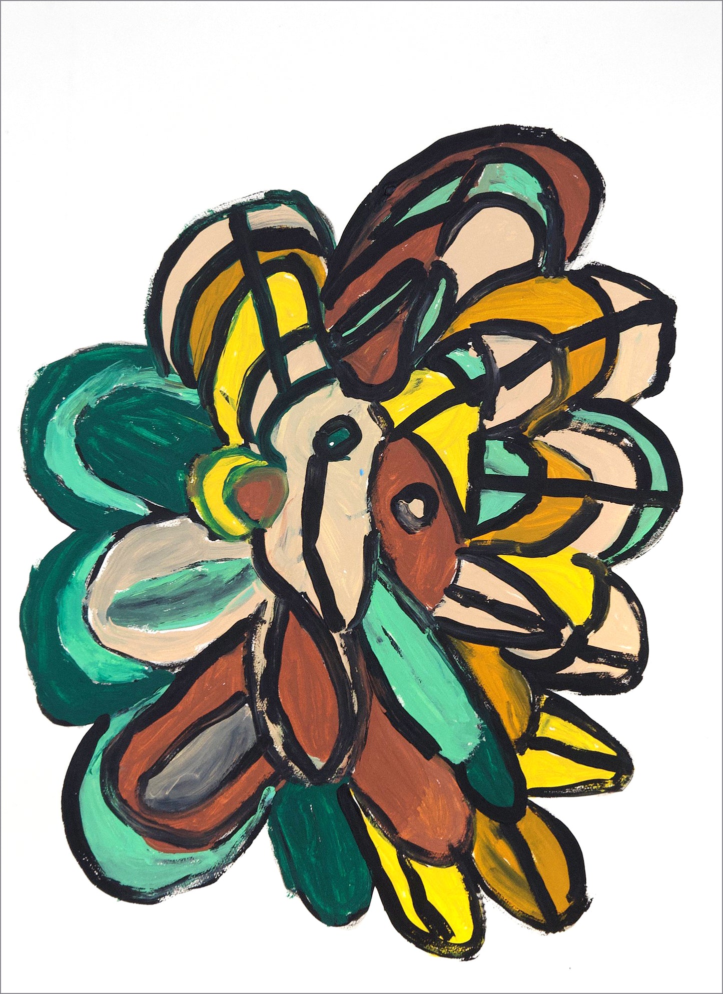 An abstract acrylic painting on paper. A form with many petals radiating out on all sides floats in a white space. The petals are colored green, tan, brown, or yellow, and each is outlined with a thick line of black paint.