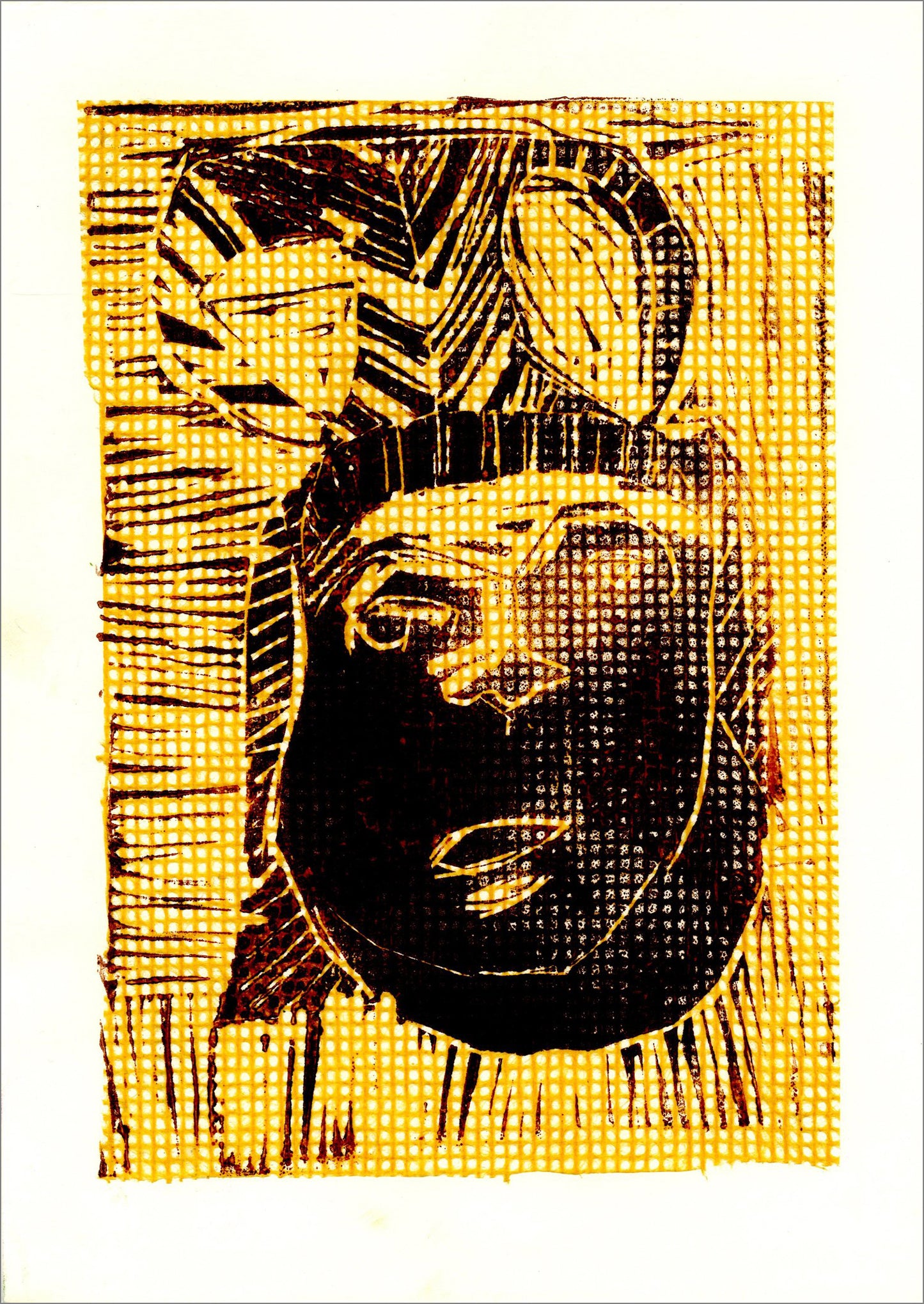a rectangular print with a thick white border and yellow and orange background with dark brown streaks. The central image shows the face of a figure in dark brown color.