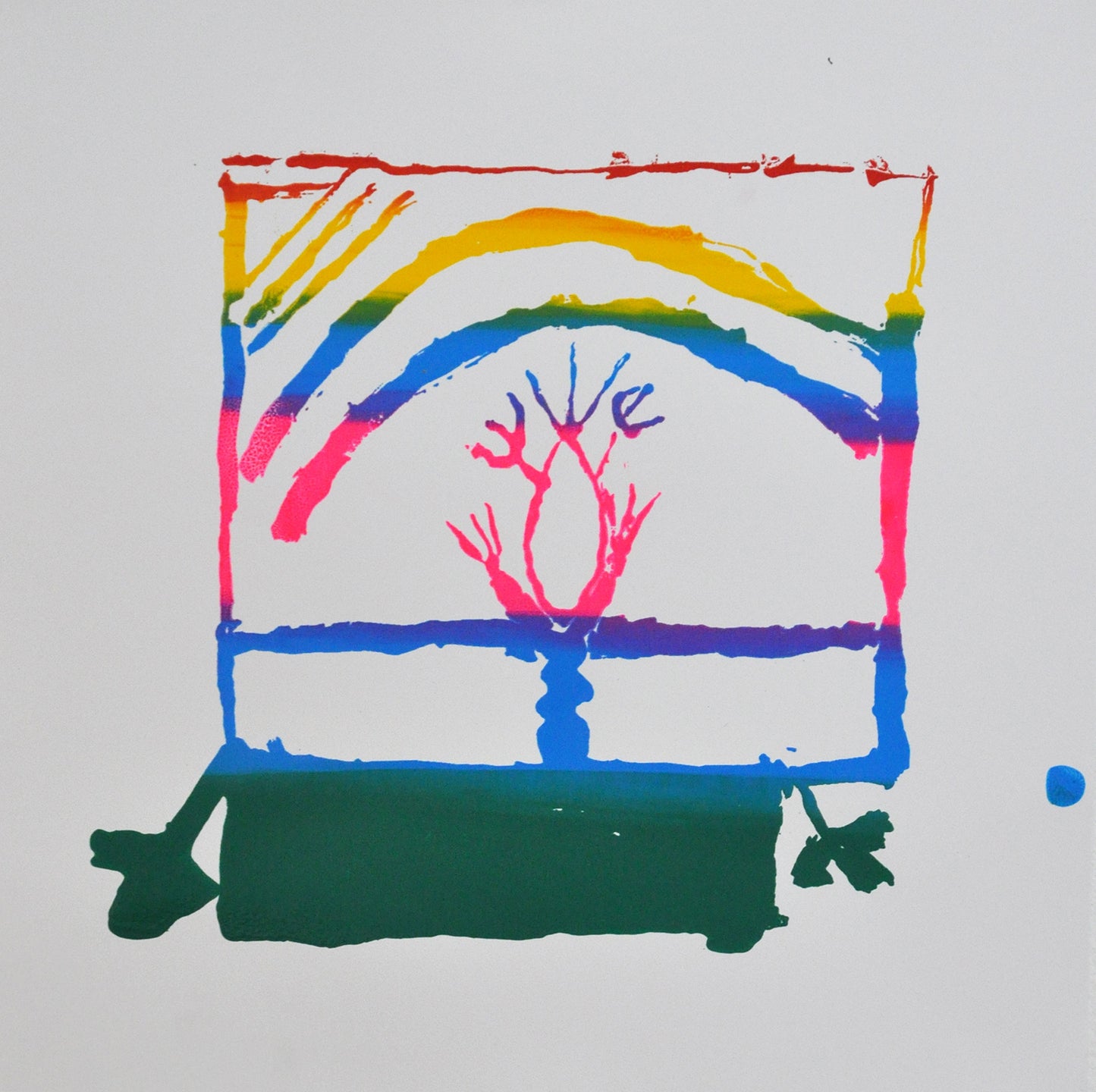 An abstract composition in which the lines of the print change in color horizontally from red to yellow, green, blue, purple, pink, blue, and finally green. There is a square in which there are three diagonal lines at the top right, below it two arched lines span the width of the square. At the center there is a hollow, almond shaped form with spikes coming out of it.