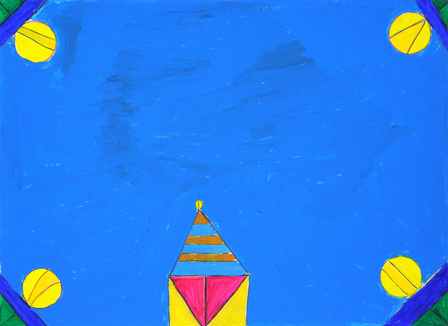 A horizontally oriented composition featuring a large field of cerulean blue. In each corner, there is a green triangle, a thick blue line, and a bright yellow circle that contains a triangle. At the bottom of the composition in the center is a small geometric form that resembles a house. The bottom of it is bright yellow and pink, and the triangle at the top feature stripes of brown and blue, with a small yellow circle at the tip of the triangle.