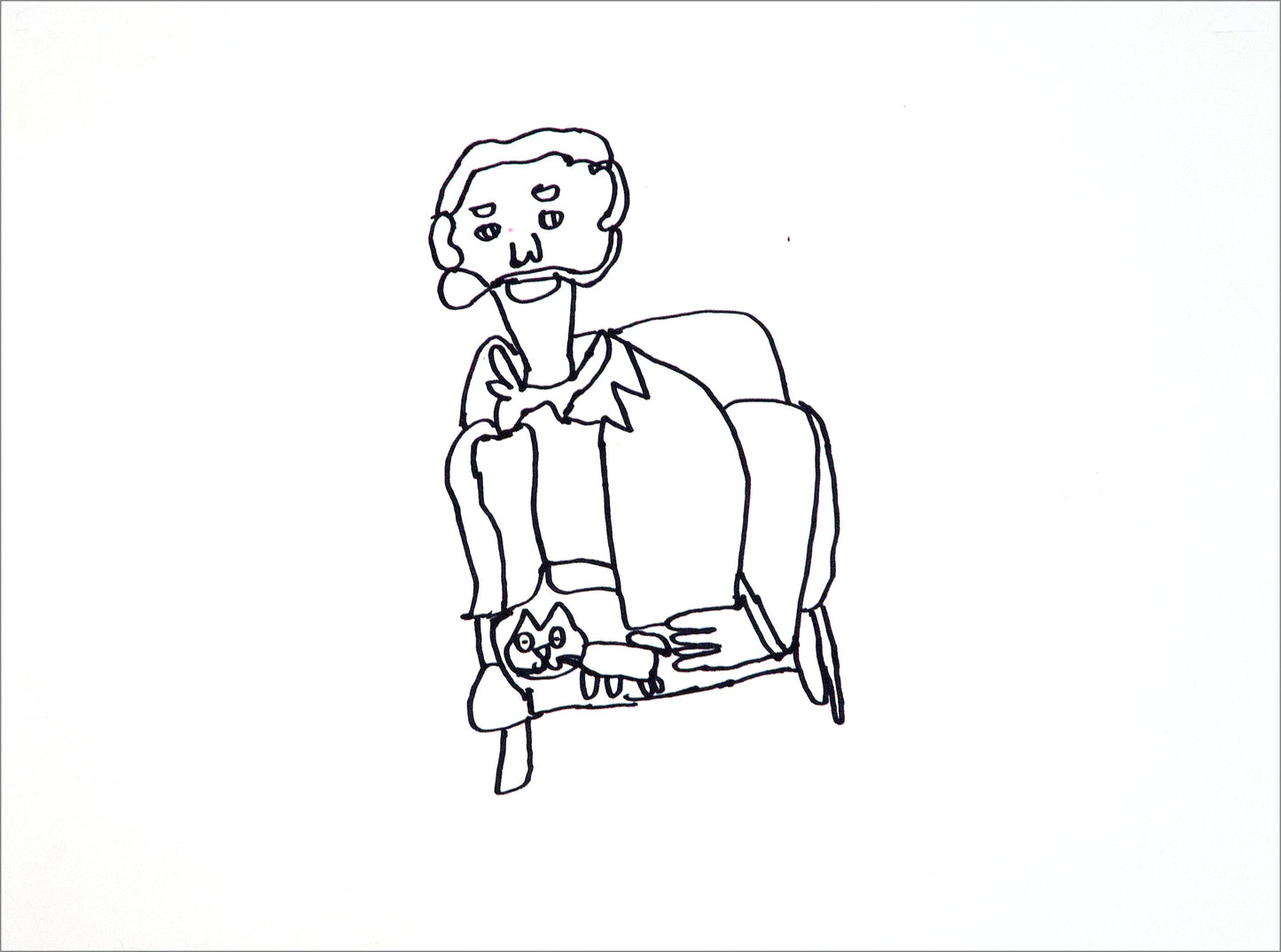 A stylized portrait drawn in black marker on white paper. The figure is drawn with a loose meandering contour line. The figure has a mustache, short hair, and wears a suit jacket while sitting in an armchair. They hold a tiny kitten on their lap. The top half of the figure's body is discernible, while the lower half of the body is not distinguishable from the chair.