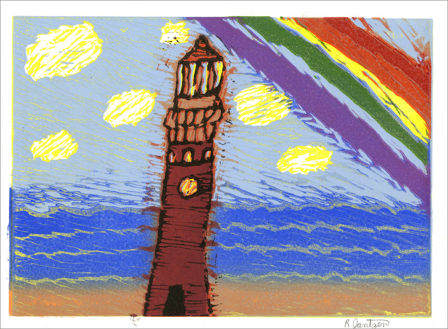 A linocut print on white paper. A brown lighthouse stands in the center of the illustration. Directly behind the lighthouse is a thin strip of brown sandy beach, a dark blue ocean with yellow foamy waves, and a light blue sky dotted with puffy yellow clouds. A section of a large rainbow arcs over the right side of the image.
