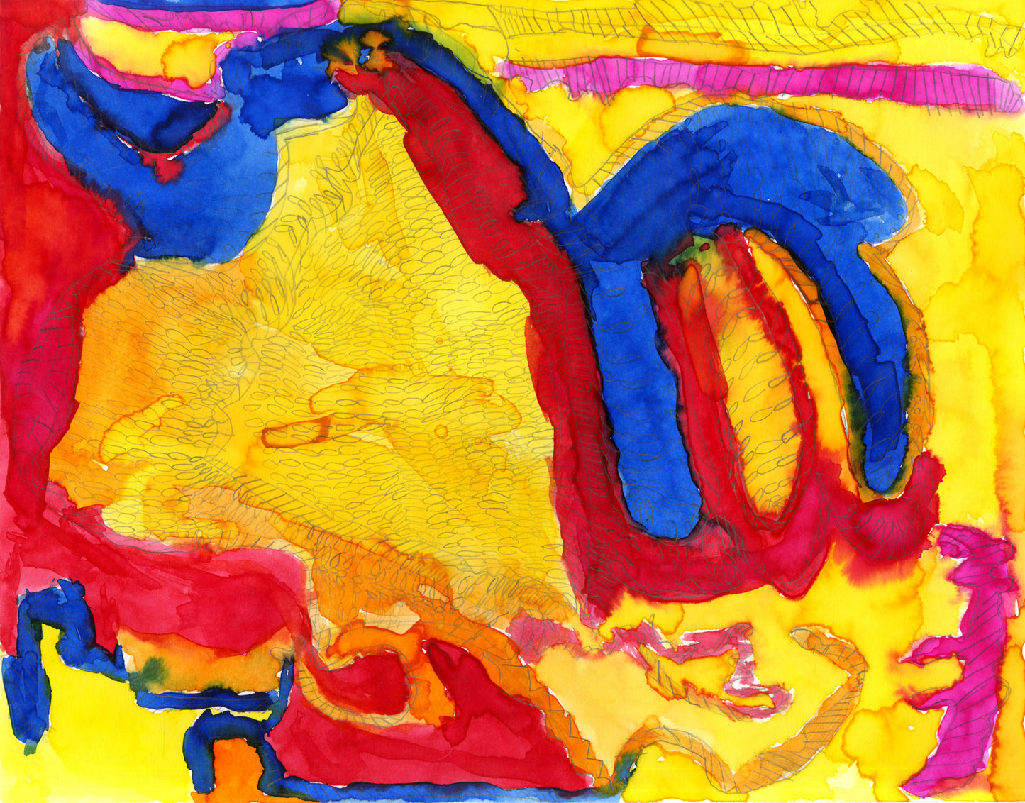 a vivid abstract painting predominantly yellow, with notes of blue and red and zips of bright pink