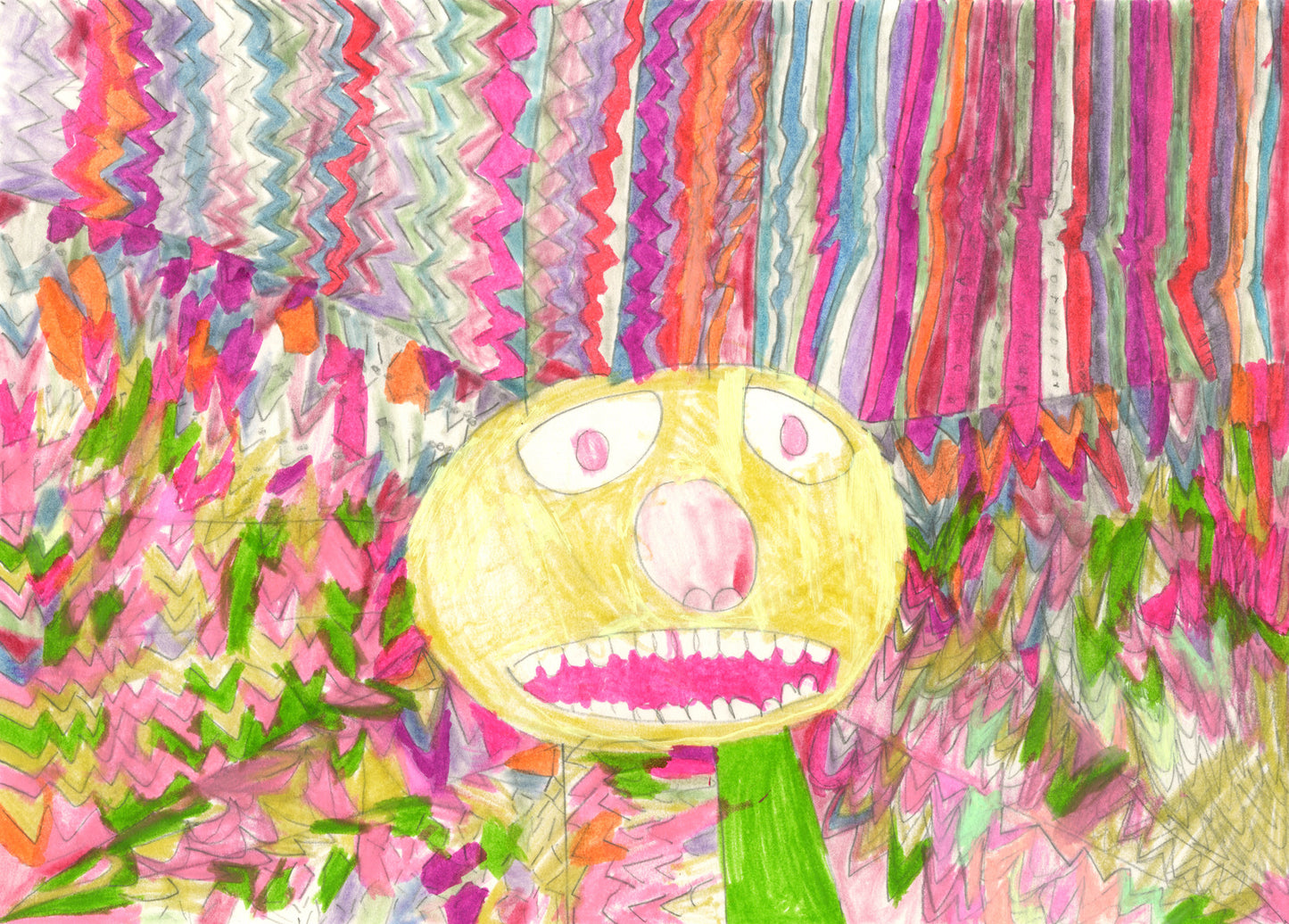 a work on paper made with pencil, paint, and markers. In the center of the image is a round yellow head with large eyes, a pink nose, and an open pink mouth lined with many white teeth. There are striped and zig-zag patterned bars emanating out all around the head, extending off the edges of the paper. These bars are colored in many shades of green, pink, purple, and orange.