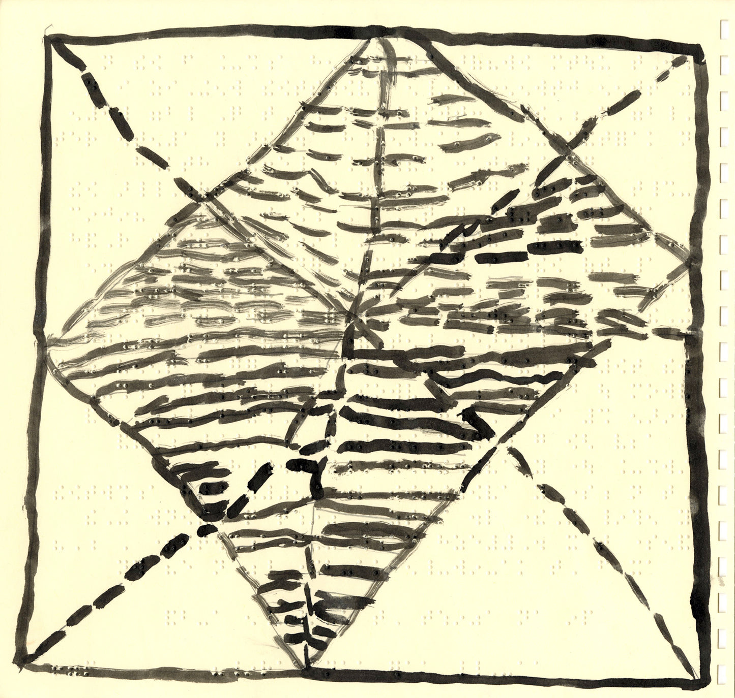 a black ink line drawing on yellow textured paper from a braille book. The drawing includes a large diamond shape, a solid line border, and a large X spanning the whole page, crossing the diamond.