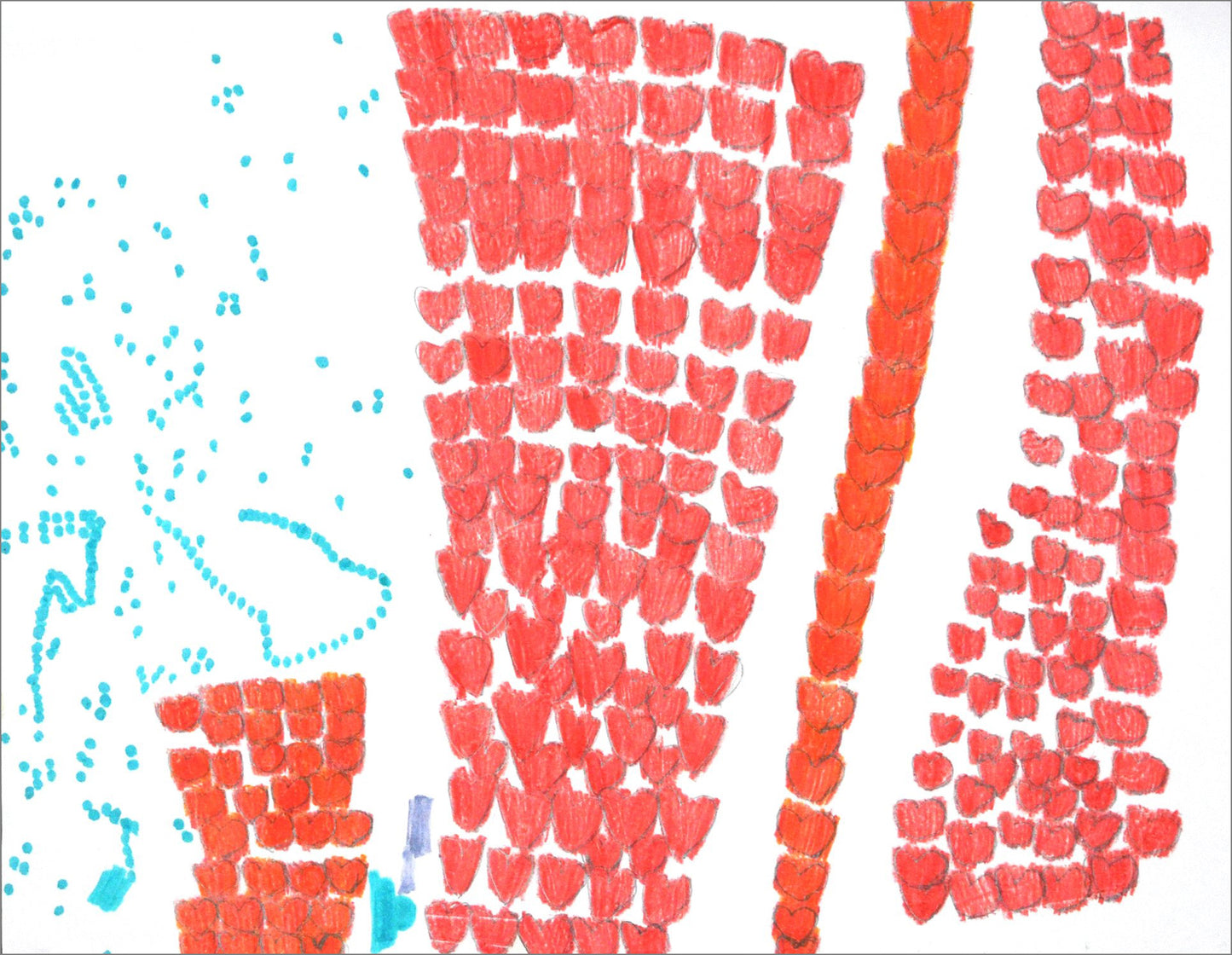 A drawing on white paper made with marker and colored pencils. On the left side of the paper there is a cloud of teal blue dots. 4 tall columns of red hearts fill the rest of the page. The widest, central column is 6 hearts across and 18 hearts high.