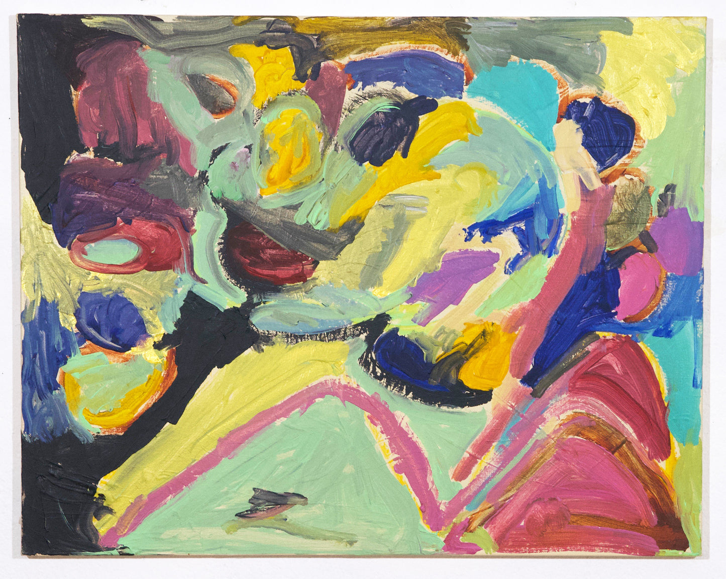 An abstract painting with painterly application of pastel green, pink, yellow, black, and blue throughout.