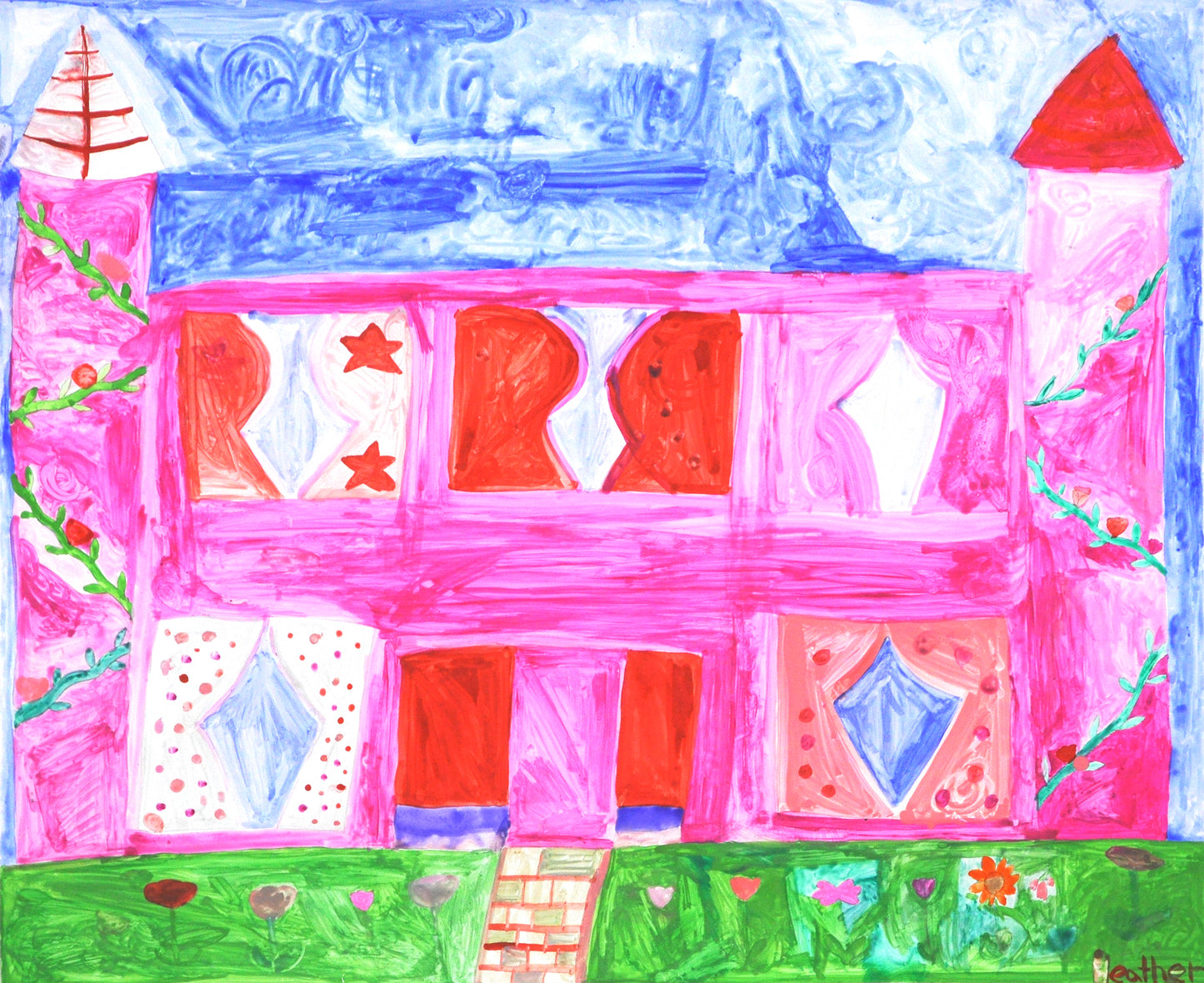 A colorful painting on paper of a pink castle. The castle has 5 large windows with patterned pink or red curtains. There are winding vines with red flowers growing around both of the castle's towers. Beneath the castle, a lush green garden sprouts pink and red flowers. Above the castle, the sky is painted in dynamic windy swirls of blue and white.