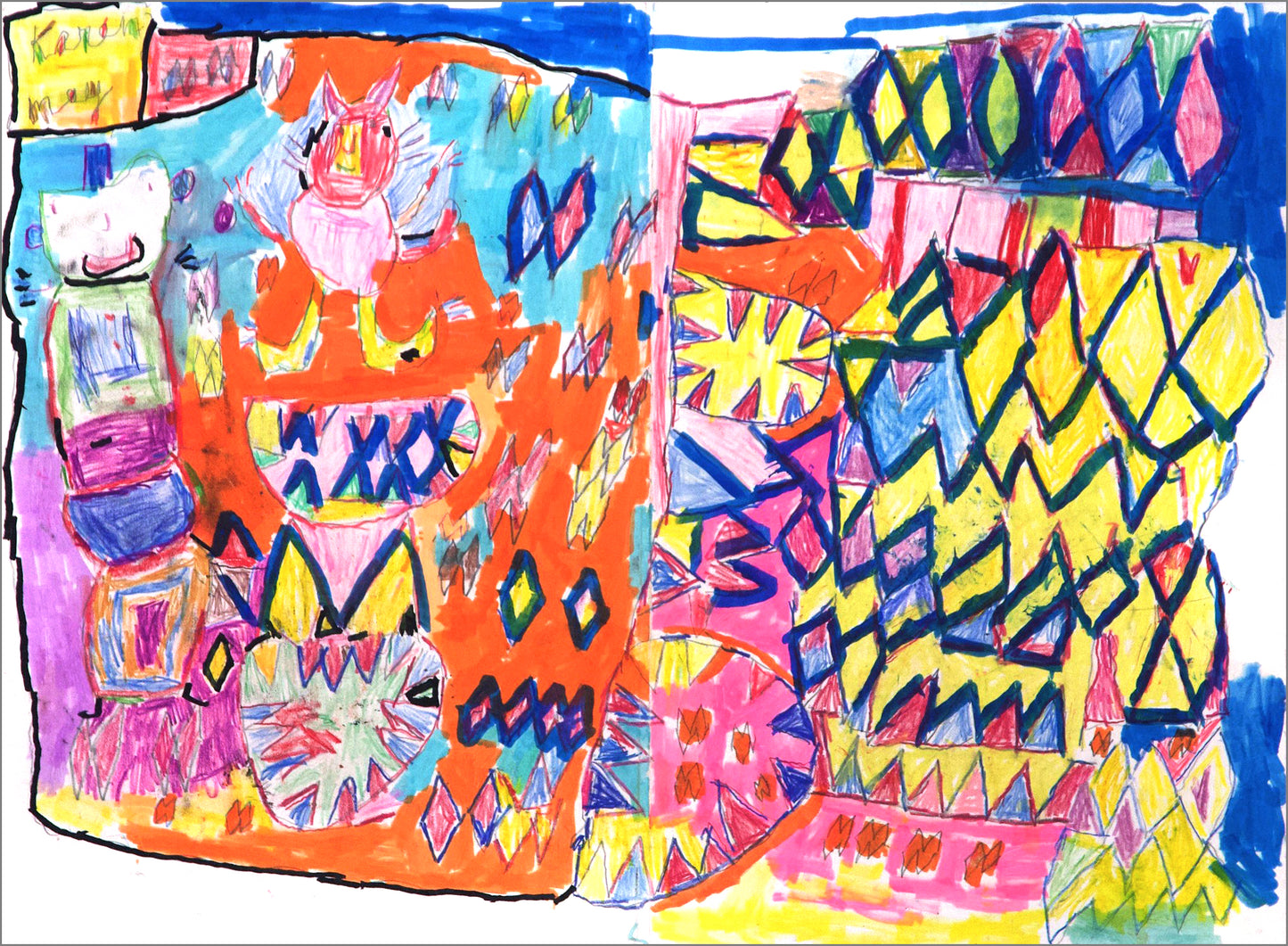 a colorful drawing on white paper. Using bold shades of blue, red, yellow, orange, and pink markers, the artist has filled the surface with diamonds, triangles, and cat and human figures.