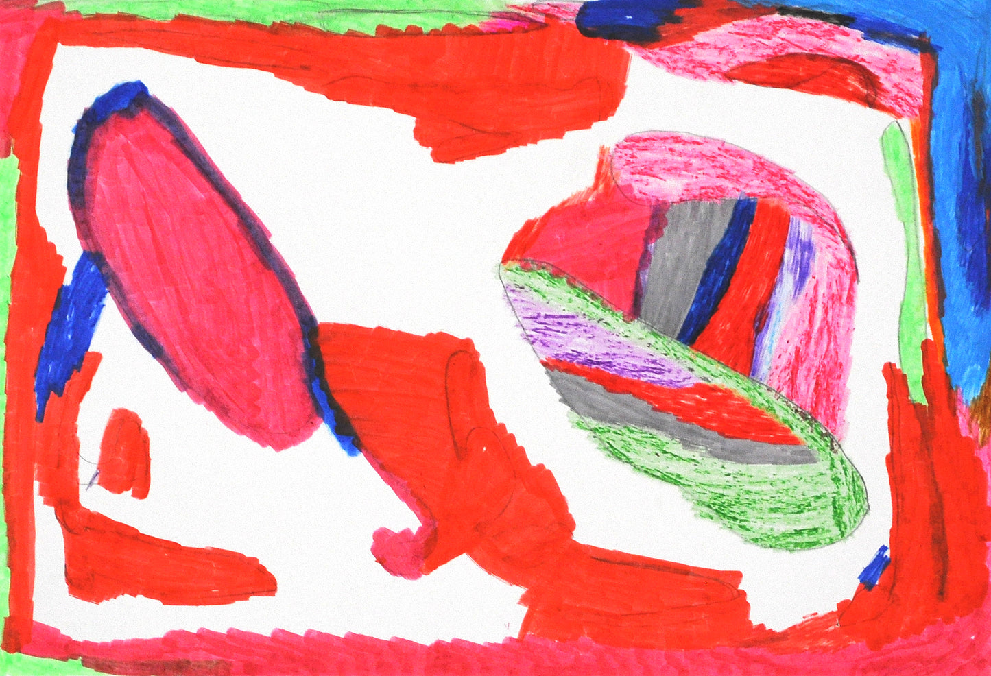 a marker and crayon drawing on white paper. Some of the center of the composition is left the blank white of the paper, and large abstract shapes striped with red, green, and purple float into this space. The artist has colored around the perimeter of the paper with bright shades of red, blue, and green marker.