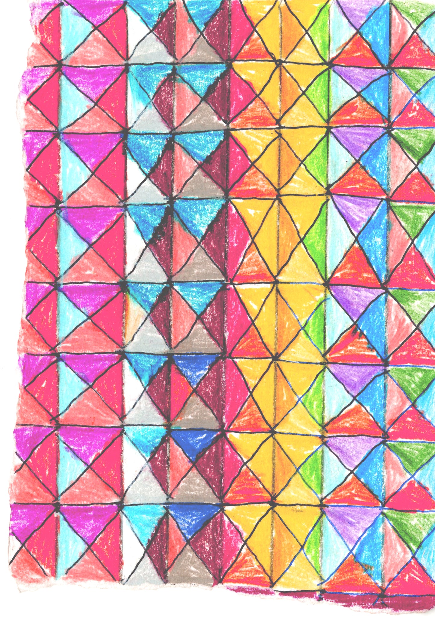 A colorful geometric drawing on paper. Rows of rainbow colored diamonds fill the page. the edges of the paper are torn giving the paper a unique almost rectangular shape.