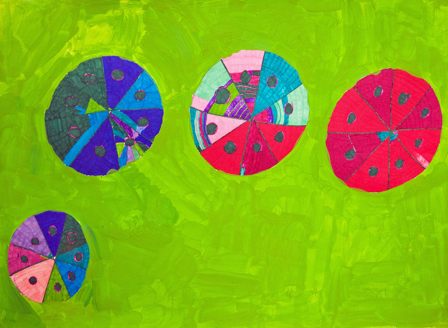 On a painted lime green background there are three circles, each divided into 8 sections. Each section has a dark green circle in it, and the circles feature an array of bright, shapes, and linear forms including red, pink, turquoise, and blue.