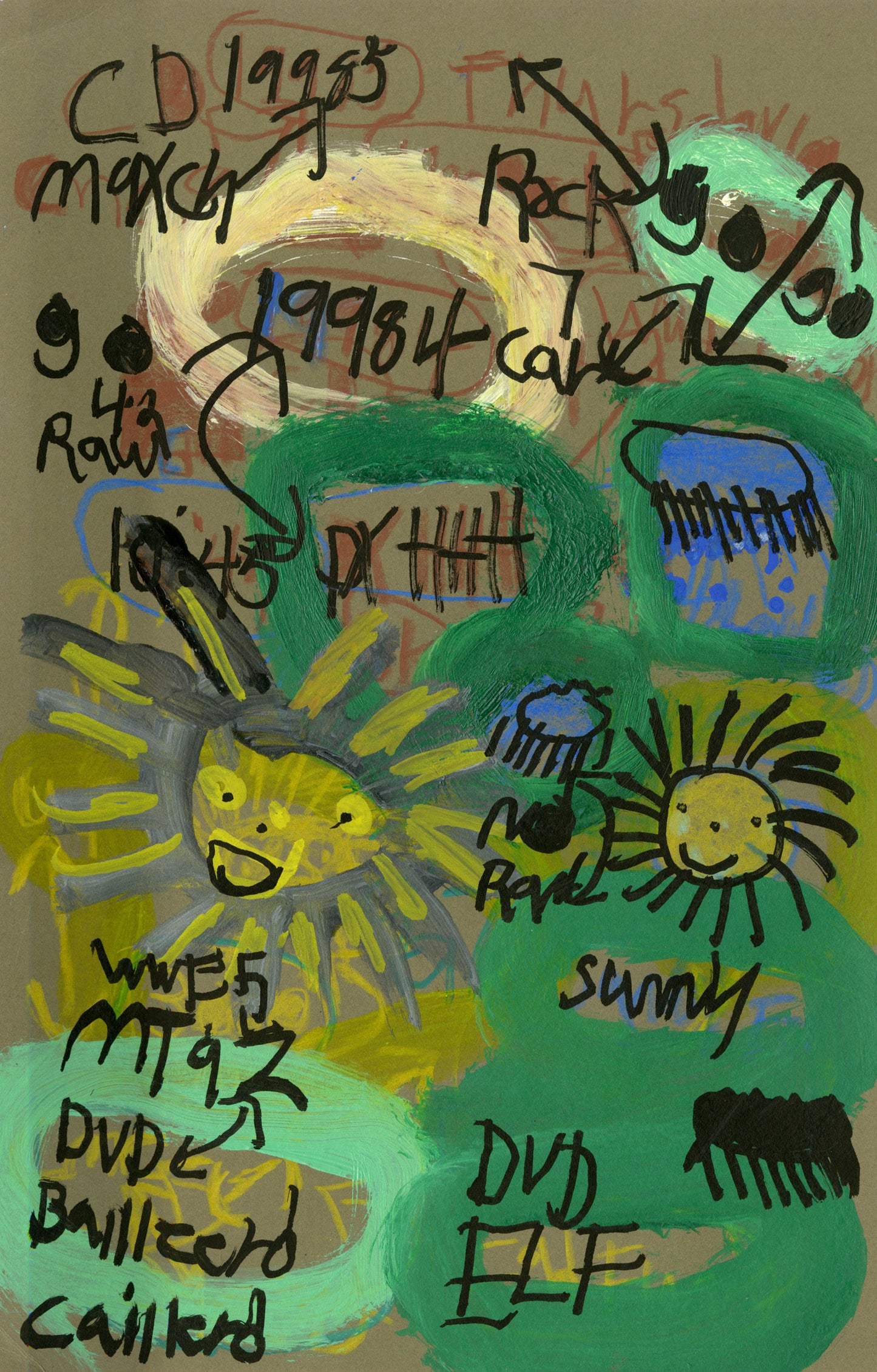 A work on brown-toned paper made using black and brown markers and green and yellow paint. Symbols and text referring to weather patterns, dates, and tv programs fill the entire surface of the page. There are yellow smiling suns and blue or black rainclouds. The artist has circled some of these symbols with green or yellow paint. The image has been built up in several layers of these notational drawings.