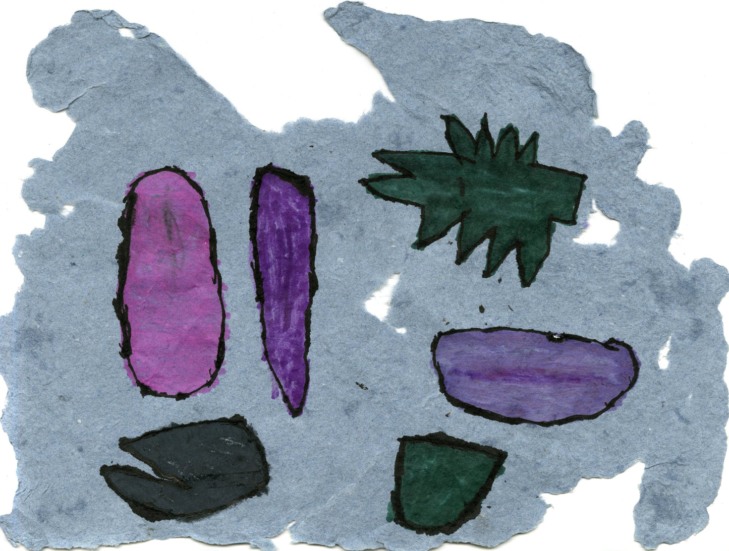 An abstract form made from light gray/blue paper pulp is mounted to white paper. Drawn on the paper pulp are green, purple, and pink shapes.