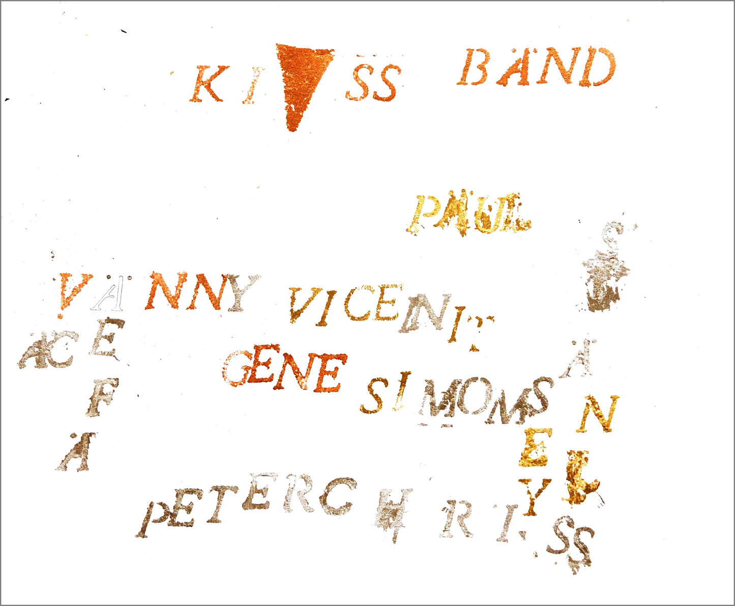 a text piece on white paper. There are several wiggly rows of text, spelling the names of the band members of KISS. the stenciled letters are made from copper, silver, and gold leaf.