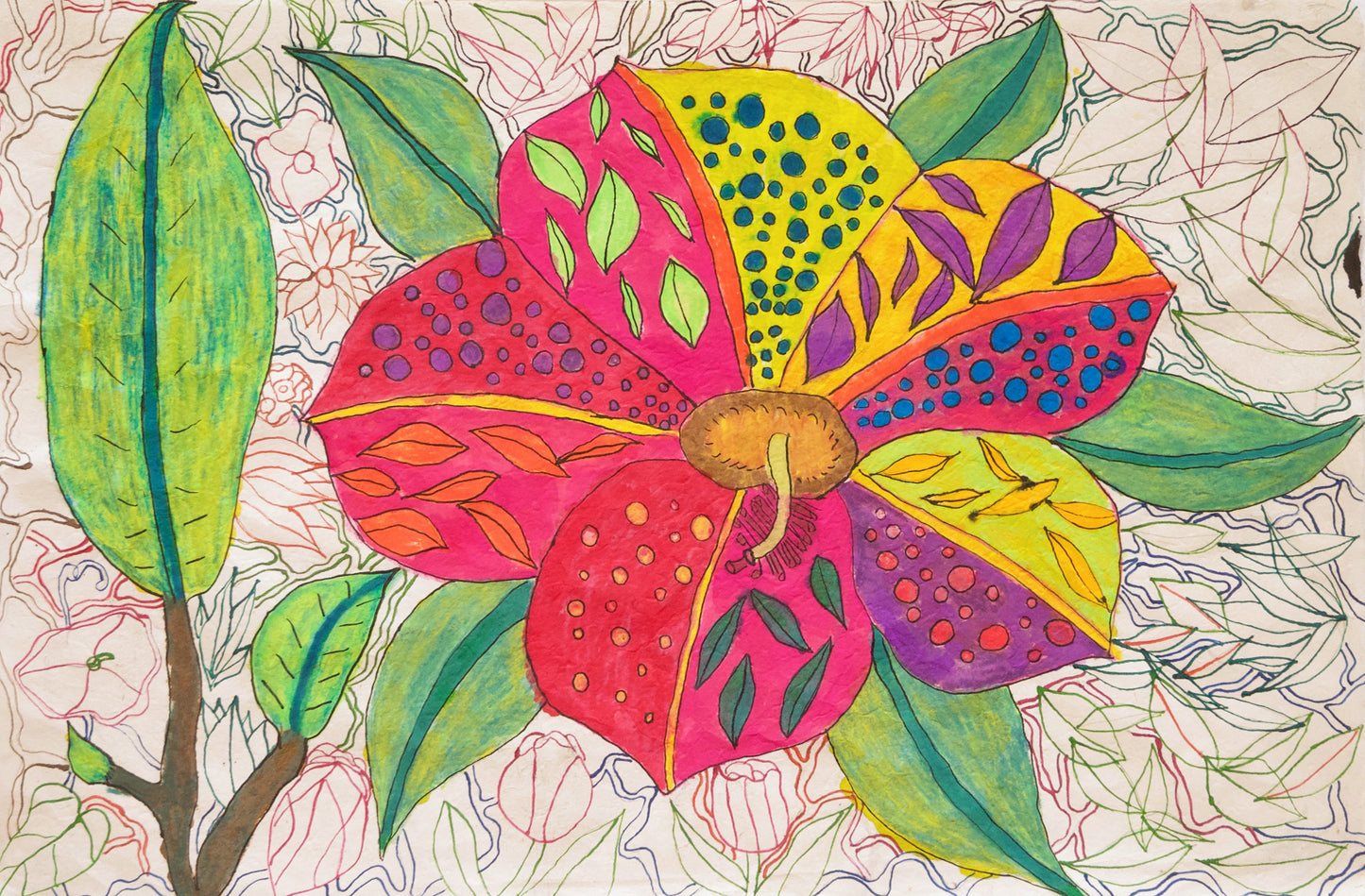 A large colorful drawing of a flower blooming in a garden. The background is beige and is filled with pen and ink designs of overlapping leaves and flowers in green, red, and blue. The large flower in the middle has bright green leaves, and each petal is filled with a different color and floral or dotted design. Together, the petals create a vibrant rainbow effect around the bloom. To the left of the flower is a branch sprouting three green leaves.