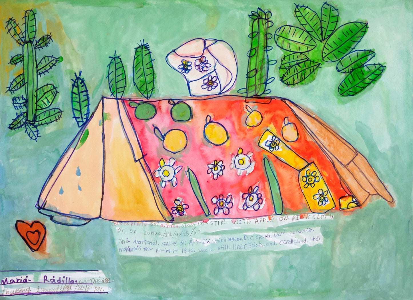 a rectangular drawing on paper with a green and teal background. The central image shows a red, orange, and yellow tent with various images of nature on the cloth. There are also several leaves and two trees toward the top of the surface.