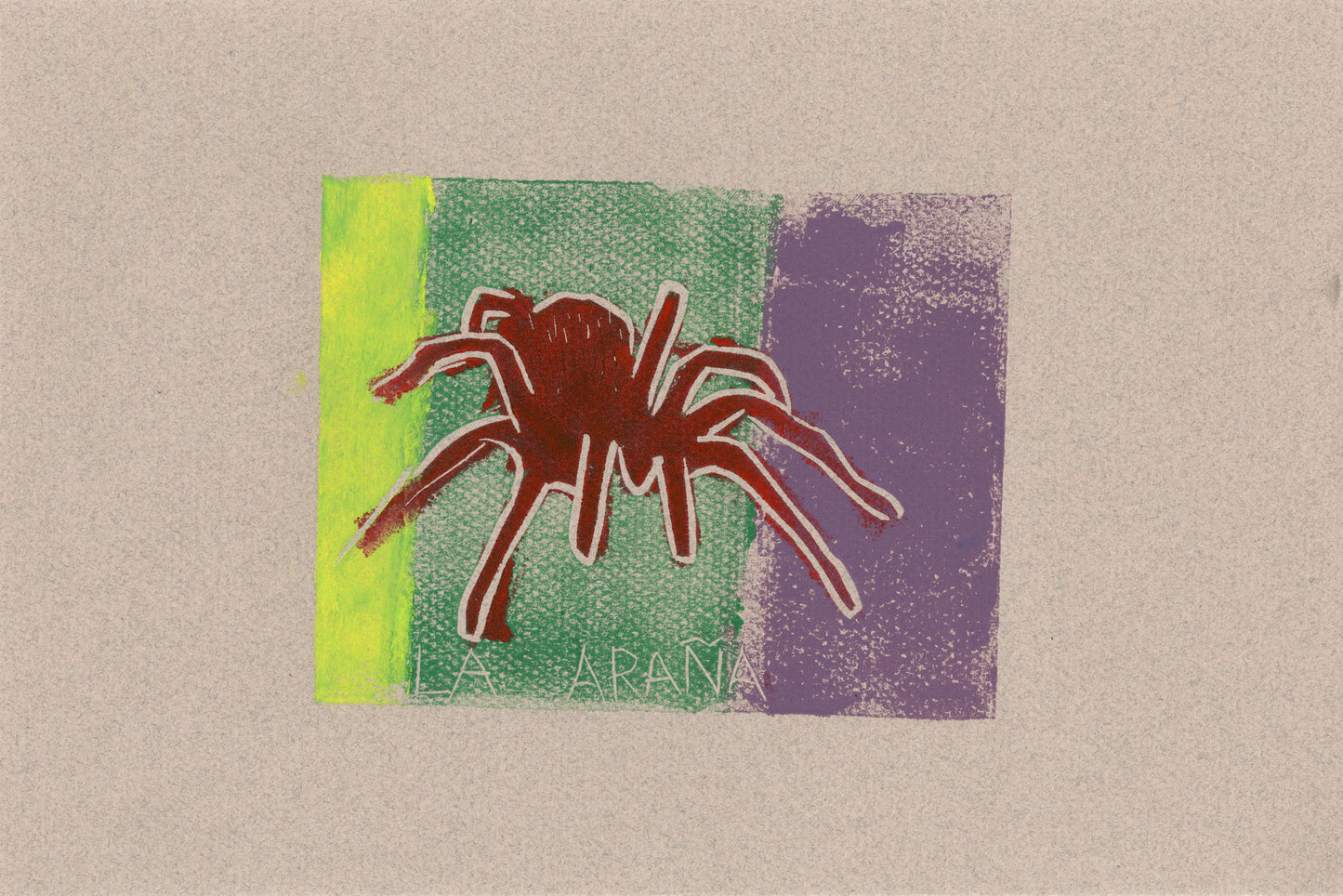 A monotype print of a red spider within a square with neon yellow, green, and purple vertical stripes, on neutral-colored paper Under the spider, in capital letters, are the words: La araña