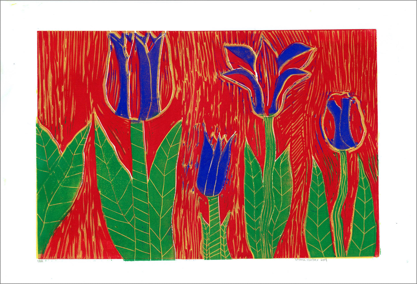 a colorful linocut print on white paper. In a red ink square, 4 flowers stretch upward to bloom. Each flower has blue and red petals, a thick green stalk, and 2 pointed leaves. Evidence of the carving process is preserved in the final image via vertical yellow lines subtly patterning the entire red background.