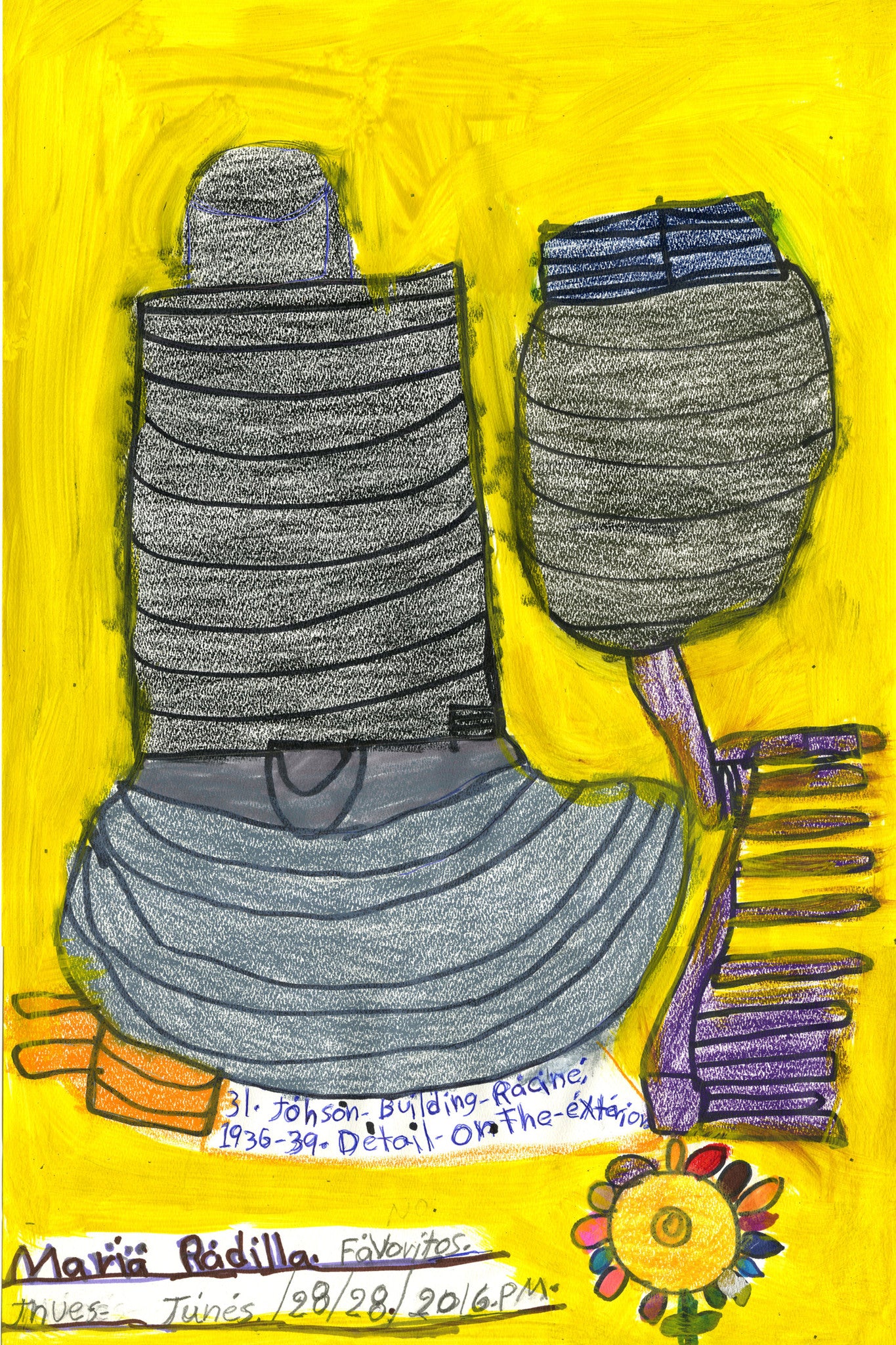 a drawing of two buildings, grey vertical and round, on a yellow background with a purple fence-like shape and a flower in the lower right corner. labeled "johnson building" and signed and dated by the artist "maria radilla".