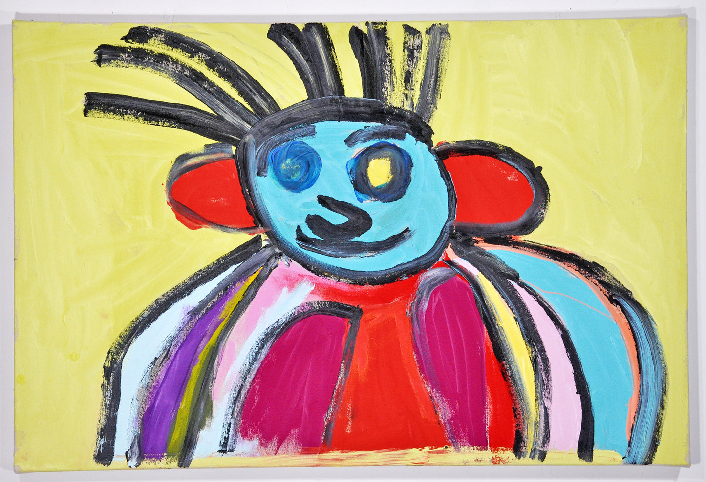 a horizontally oriented canvas, painted lime yellow, with a human figure with blue skin, spiky black hair, red headphones, and a slight smile.