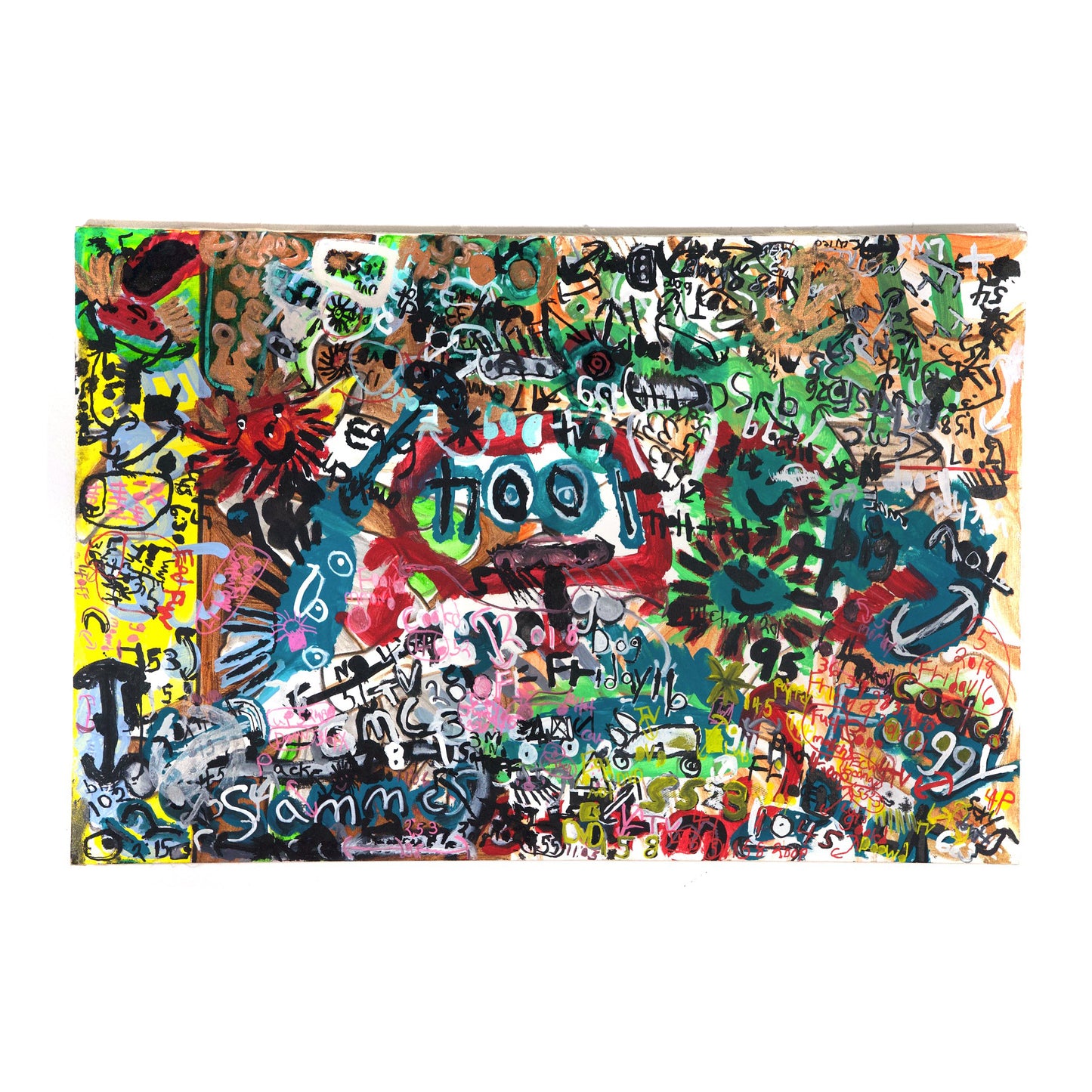 A work on canvas made with paint and markers, photographed on a white wall. The surface is covered with a dense pattern of text and symbols. The imagery is built up in layers. There are areas of the background painted yellow, green, or orange. Drawn over these areas are arrows, suns, and handwritten text referring to weather, time, wrestlers, and movies.