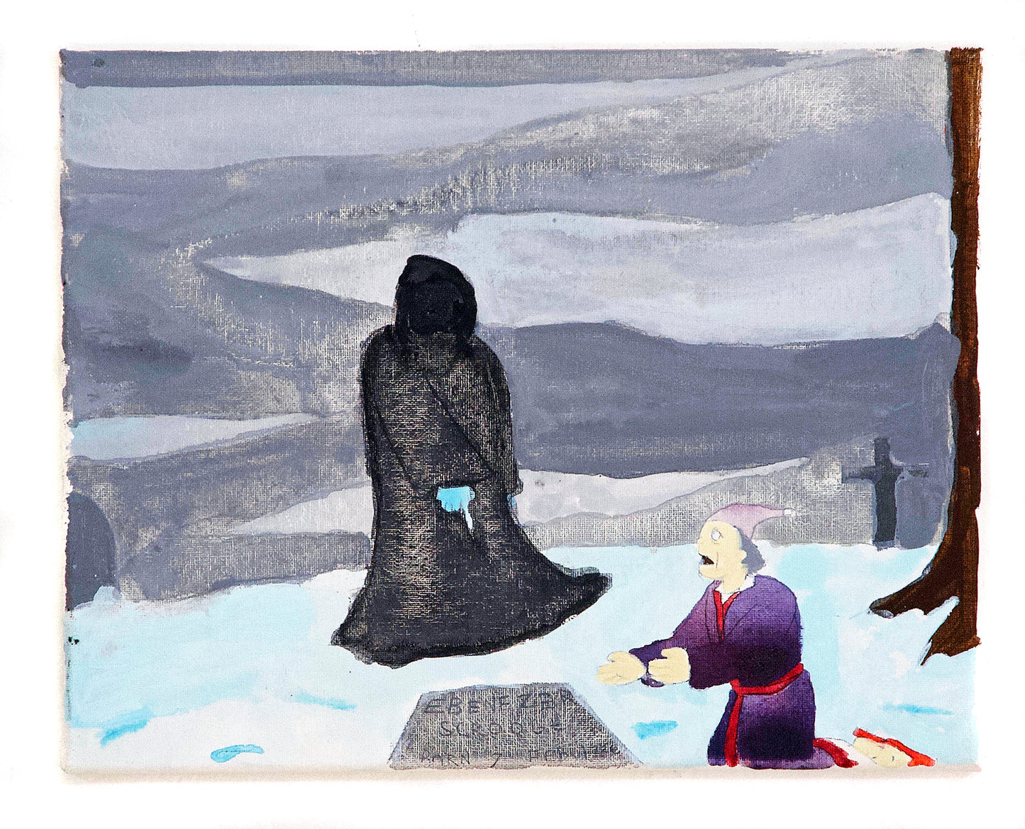 a rectangular painting with a grey sky and light blue snow on the ground. Two figures are shown in the center of the image. One figure is wearing a black cloak and the other is in a purple and red robe.