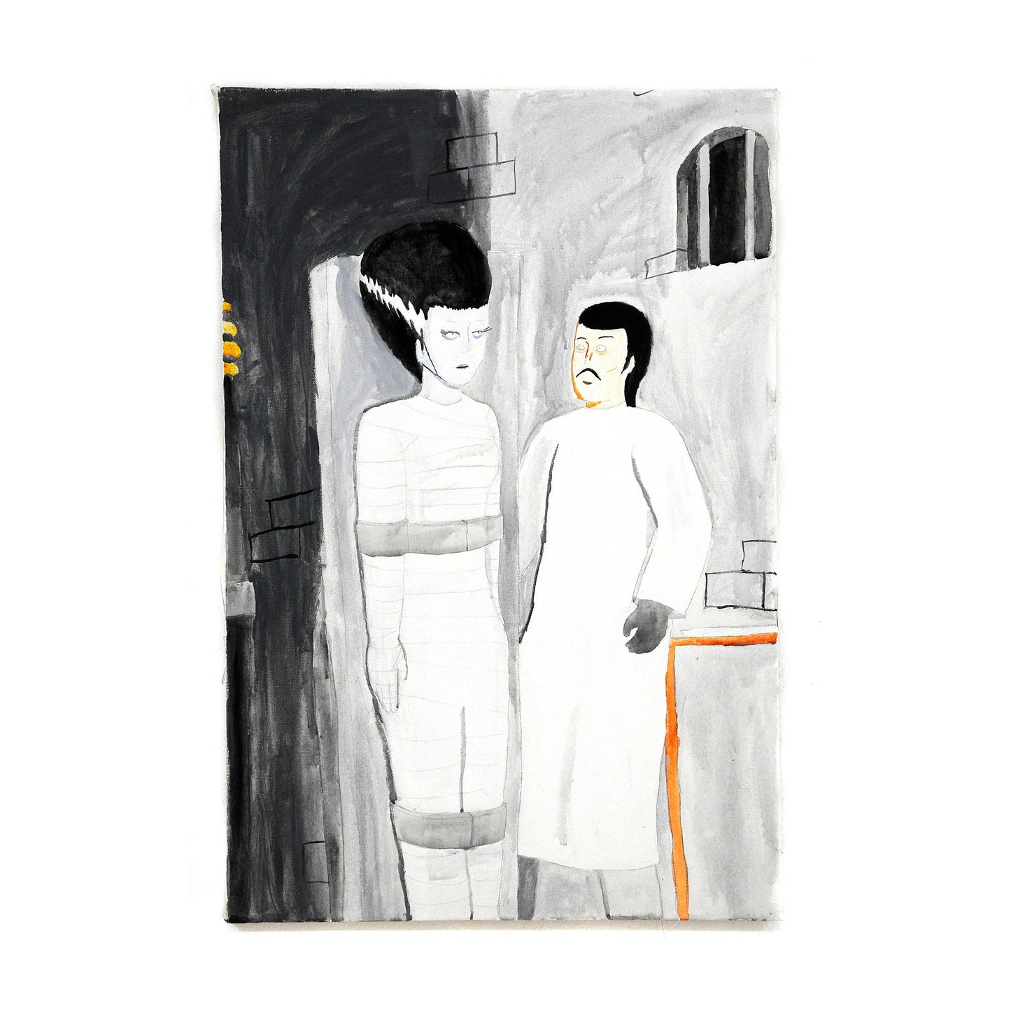 a rectangular painting with two figures facing one another against a black and light gray brick wall with one barred window. Both figures are wearing white and have black hair, with one figure resembling the bride of Frankenstein.
