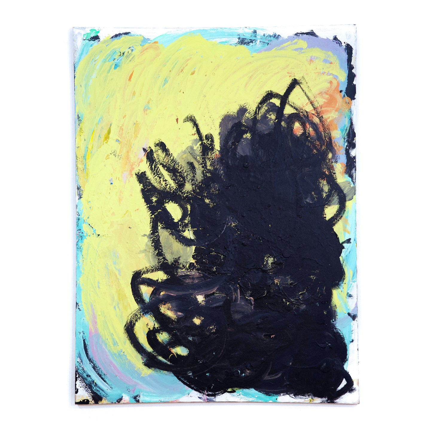 An abstract painting on canvas, photographed against a white wall. Paint covers the surface in layers of swirling marks. A dense swirl of black paint fills the right side of the canvas. Behind the black form is a large yellow cloud which covers earlier layers of blue and purple paint.