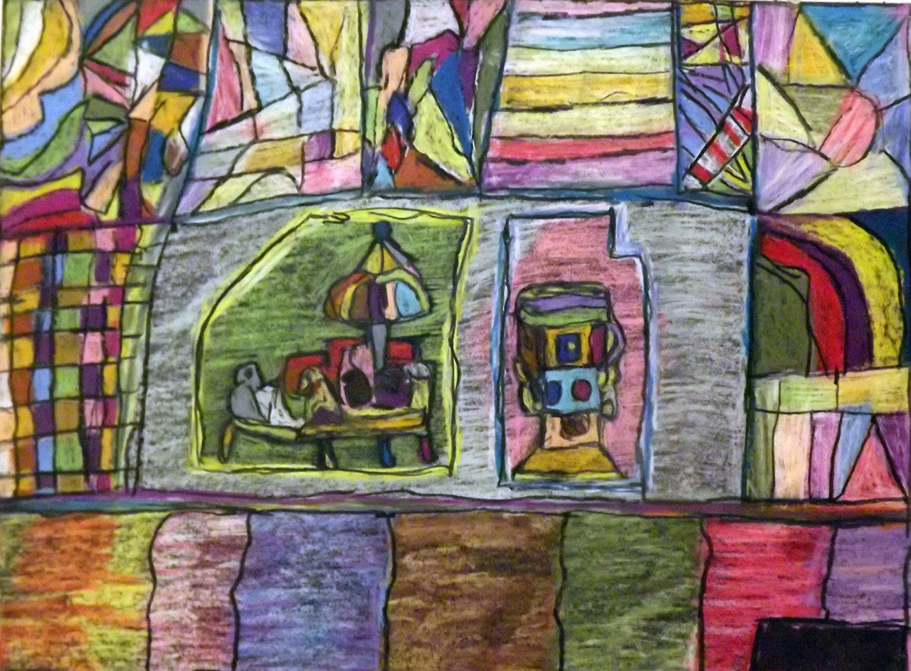 The image depicts an abstract composition with a vibrant mix of colors, primarily using geometric shapes and patterns. The upper section of the painting is filled with irregularly shaped panels in shades of red, blue, yellow, and violet, interspersed with bold black outlines. The central section features an enclosed space with a highlighted yellow border. Inside, a scene with a table, figures, and an umbrella is rendered in muted colors, offering a contrast to the surrounding vibrancy.