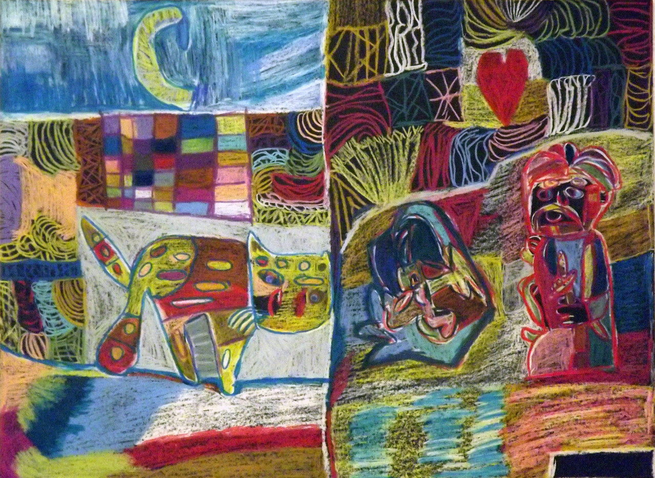 A vibrant, abstract artwork divided into two main sections. On the left, a stylized, multicolored cat with geometric shapes covering its body stands against a textured background. Above the cat, there is a patchwork pattern of colored squares in shades of yellow, red, blue, and purple, with a crescent moon in the upper left corner. The right section features two abstract human figures with exaggerated features, rendered in bold reds and blues.