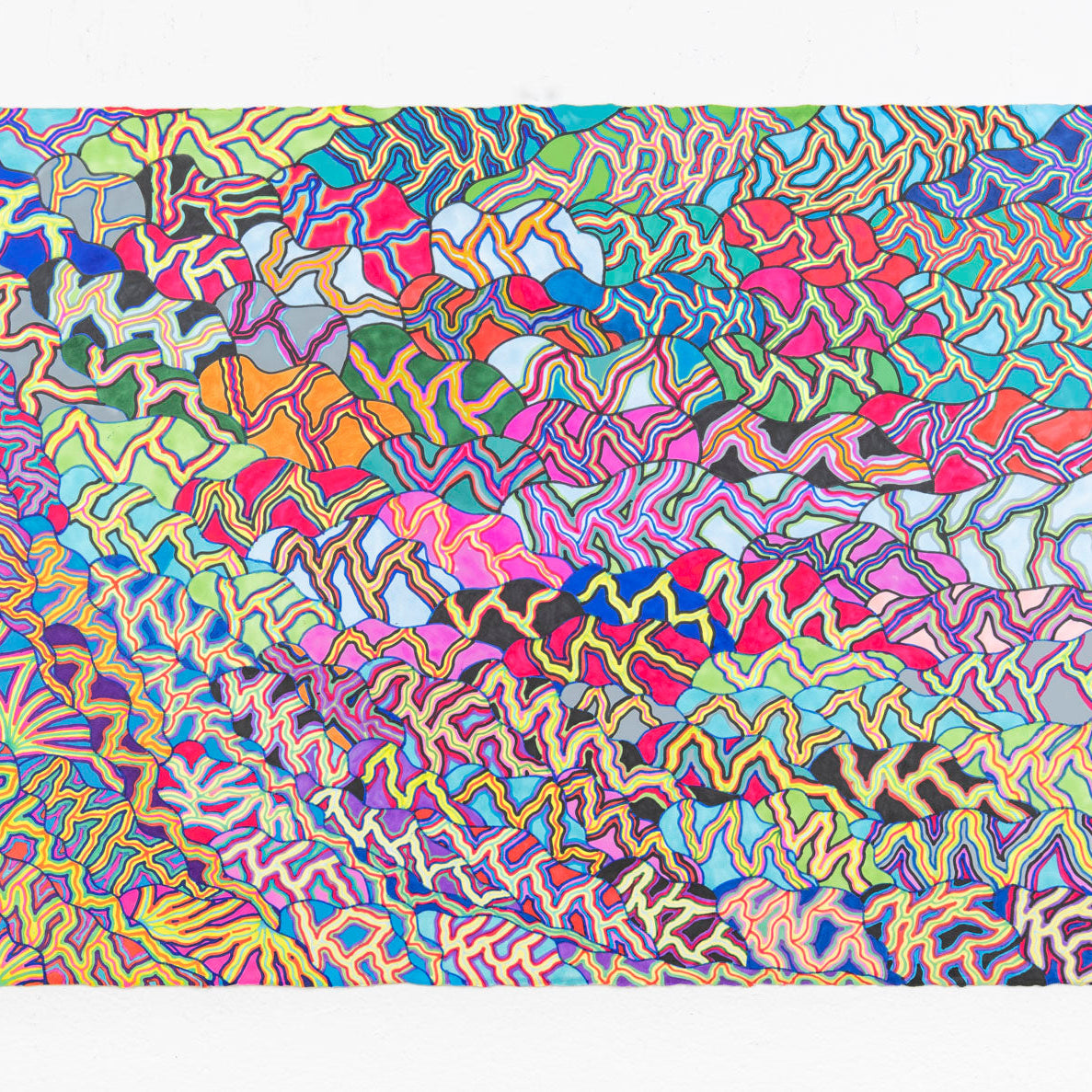 This drawing repeats a 'V' shaped pattern across the entire piece. The pattern is depicted in vibrant colors, with varying shades of blue, green, yellow, pink and purple to create a hypnotizing effect.