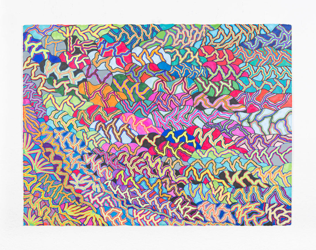 This drawing repeats a 'V' shaped pattern across the entire piece. The pattern is depicted in vibrant colors, with varying shades of blue, green, yellow, pink and purple to create a hypnotizing effect.