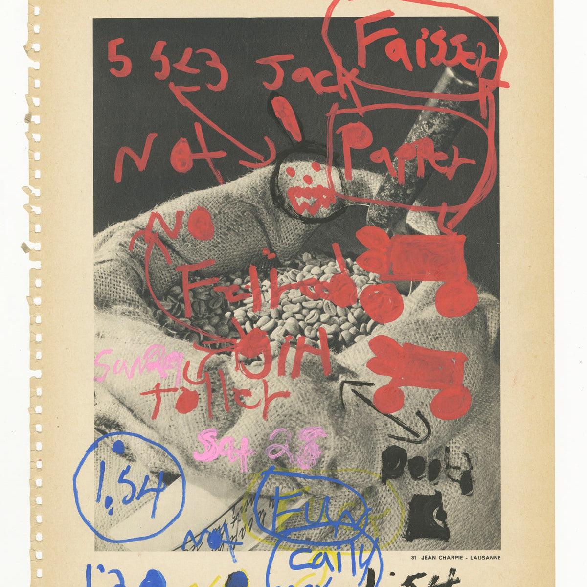 Book page with a black and white photo of a bag of coffee beans, overlaid with red annotations and doodles.
