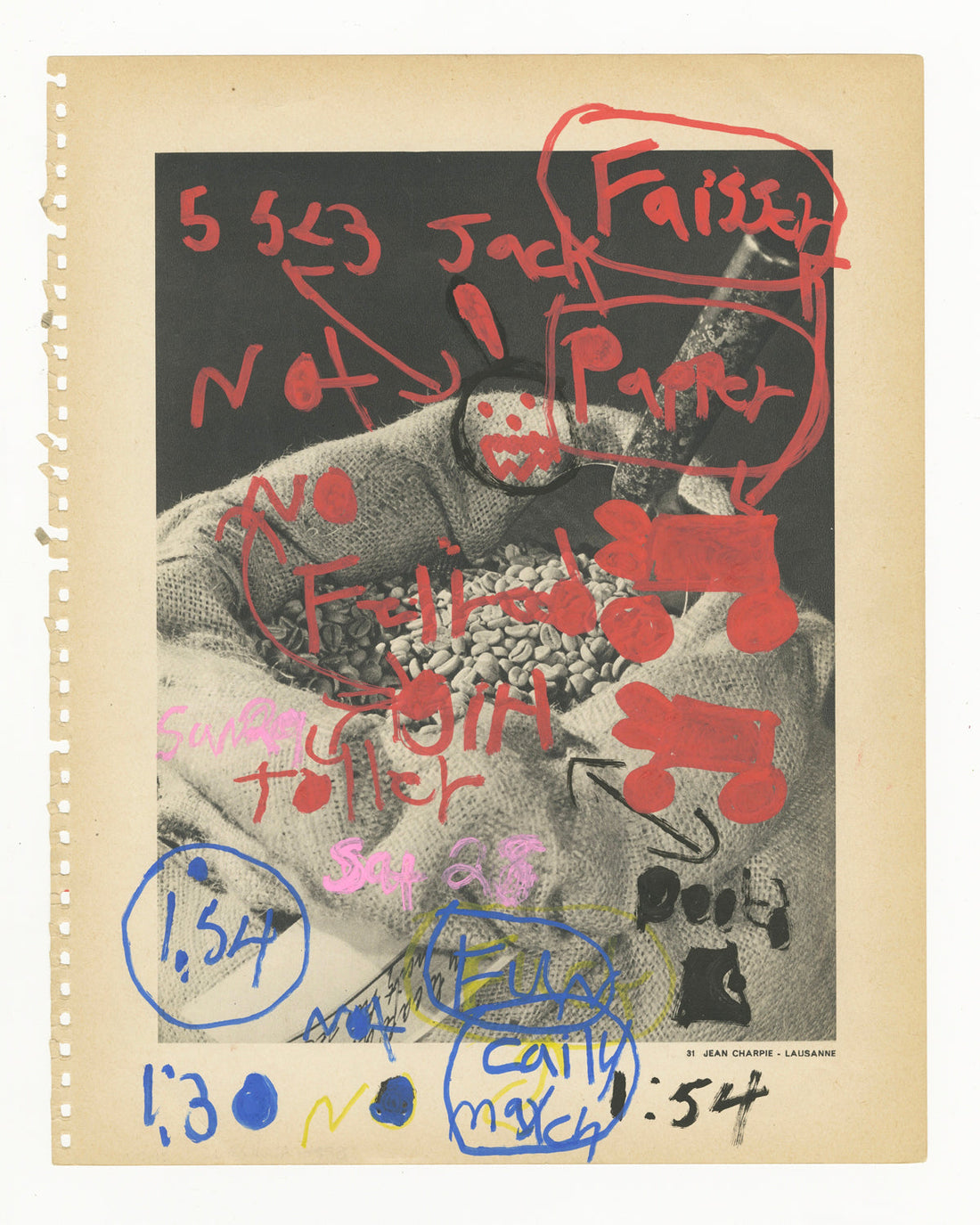 Book page with a black and white photo of a bag of coffee beans, overlaid with red annotations and doodles.