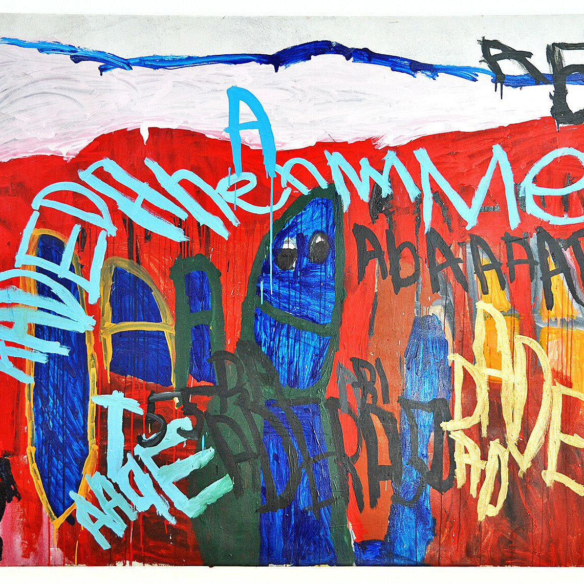 An abstract painting featuring a bright red background bordered by shades of white at the top and sides. Bold blue vertical forms  outlined in yellow and green stretch across the composition. Bright yellow and cyan hand-written text is on the top layer.