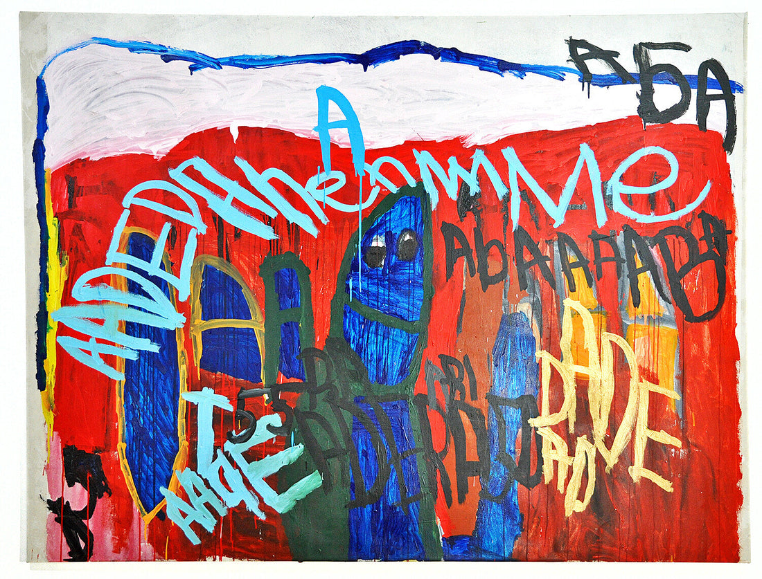 An abstract painting featuring a bright red background bordered by shades of white at the top and sides. Bold blue vertical forms  outlined in yellow and green stretch across the composition. Bright yellow and cyan hand-written text is on the top layer.