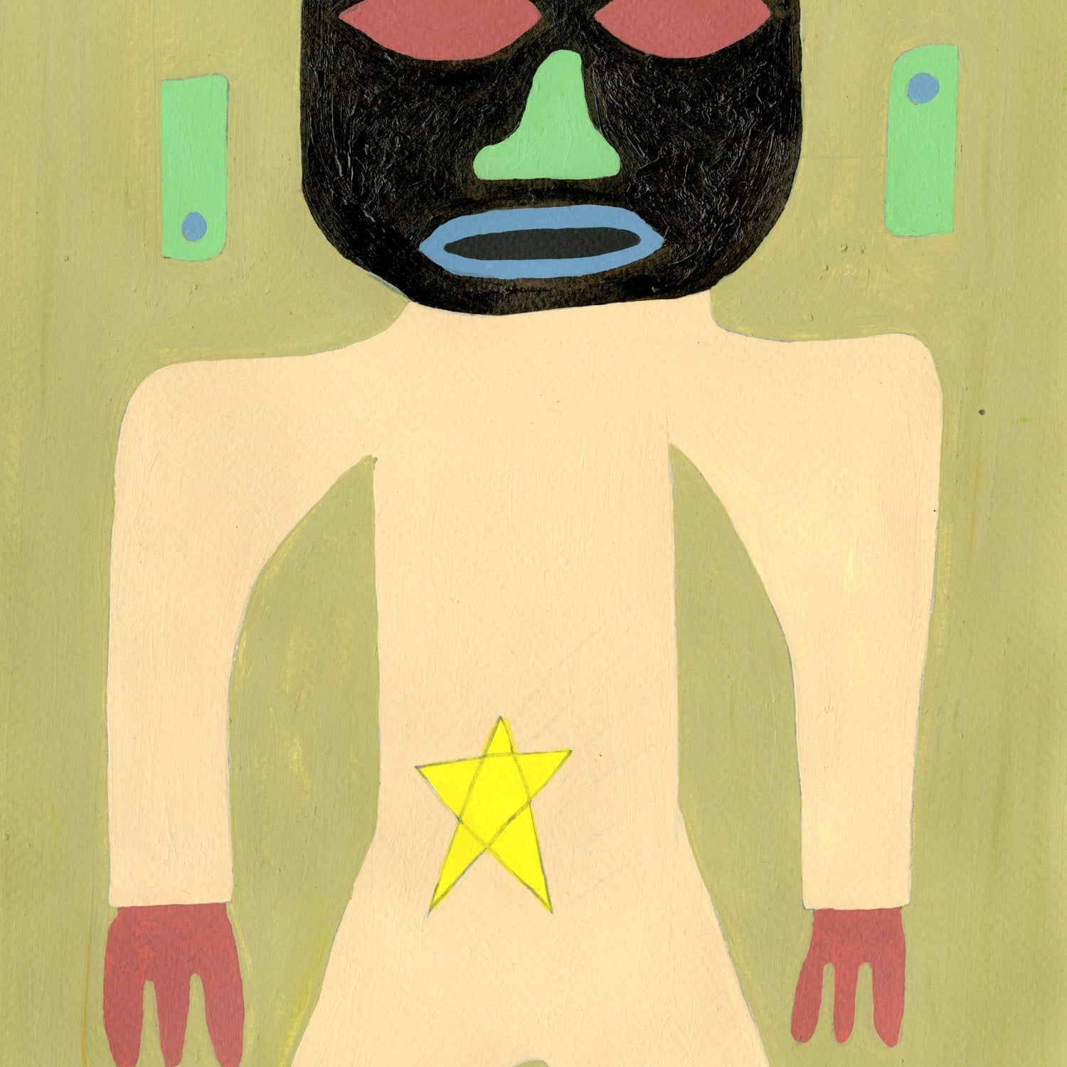 a figure depicted from roughly the knees up, with a cream colored torso and a yellow start approximately where a belly button would be. 