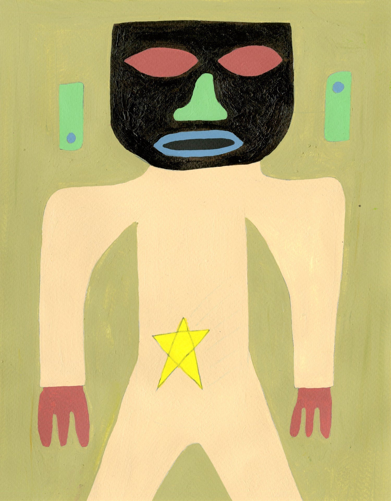 a figure depicted from roughly the knees up, with a cream colored torso and a yellow start approximately where a belly button would be. 