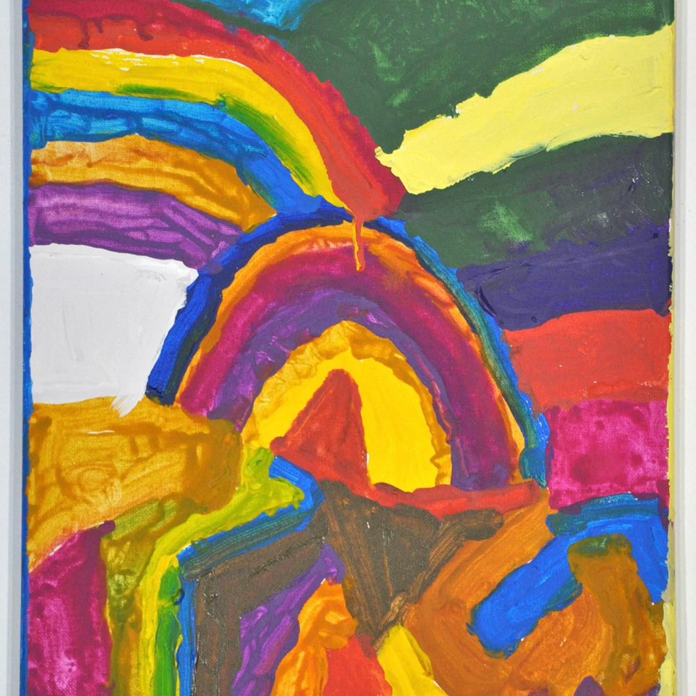 A painting on canvas: rainbow stripes curve in from all sides and fill the canvas surface. A classic hill shaped rainbow is at the center, and the bottom half of the painting is crowded with irregular shapes each painted a different color.