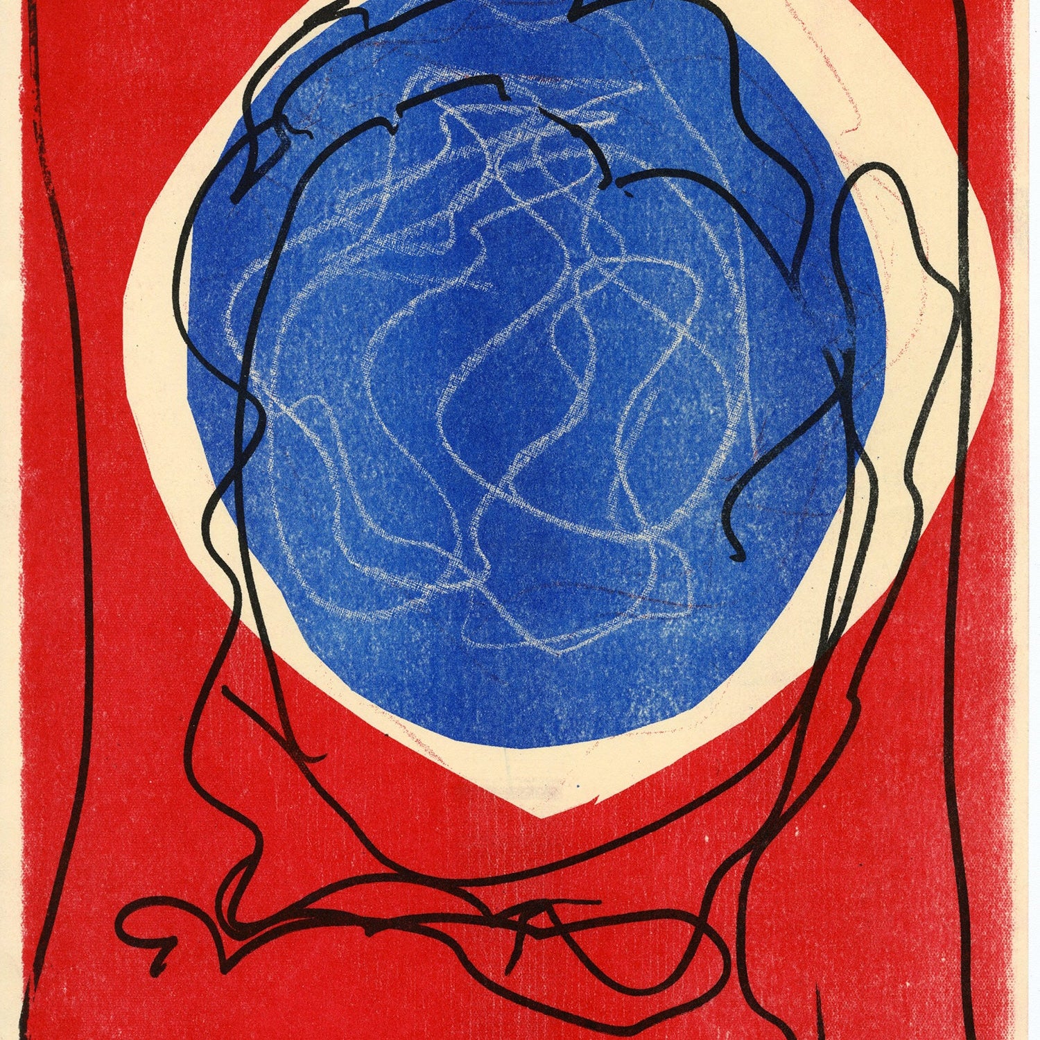 An abstract print on paper. A blue circle floats inside of a larger pale yellow circle on a bright red field. Squiggling black and white lines are drawn over top.