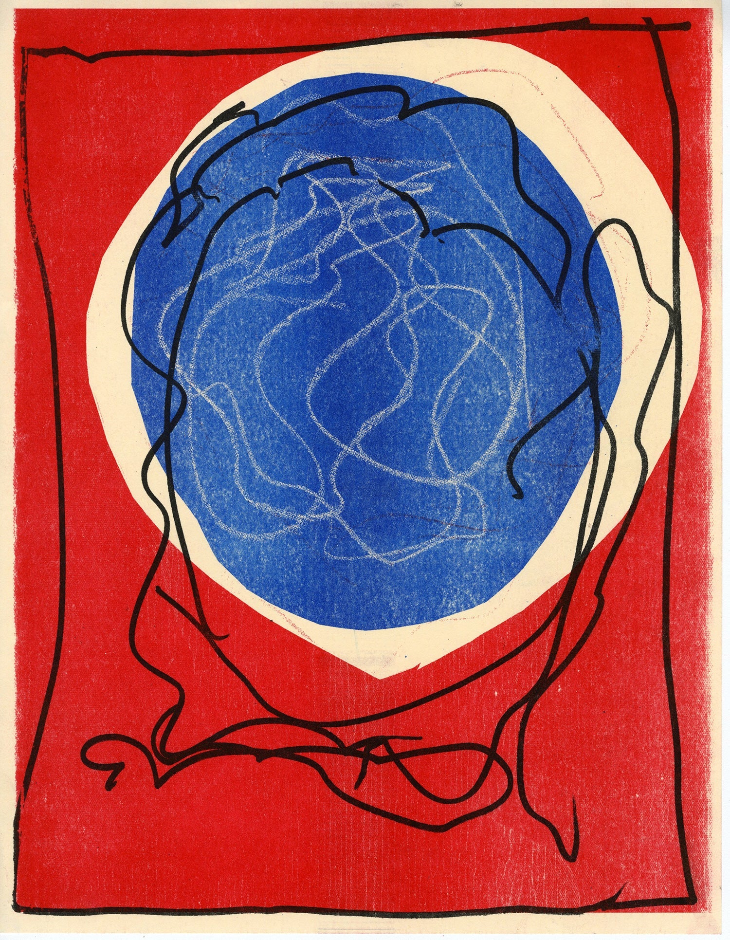 An abstract print on paper. A blue circle floats inside of a larger pale yellow circle on a bright red field. Squiggling black and white lines are drawn over top.