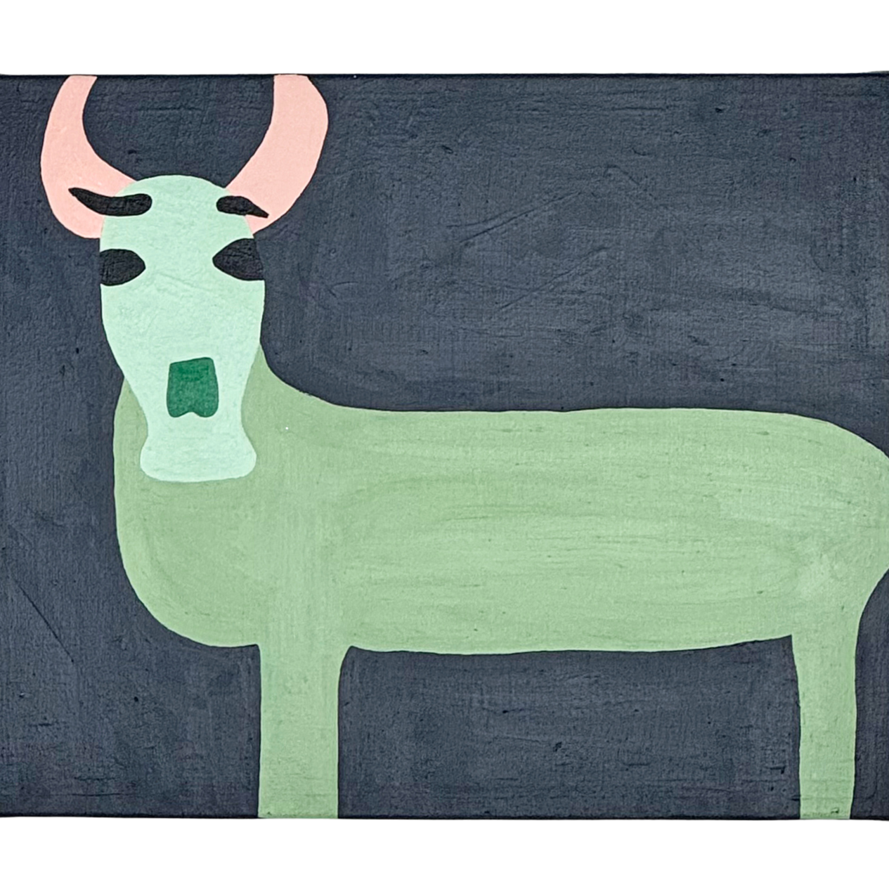 a painting on canvas depicting a green and pink antelope on a black background. The paint is applied in a flat graphic style. The animal's body is divided into distinct shapes, each painted one solid color. 