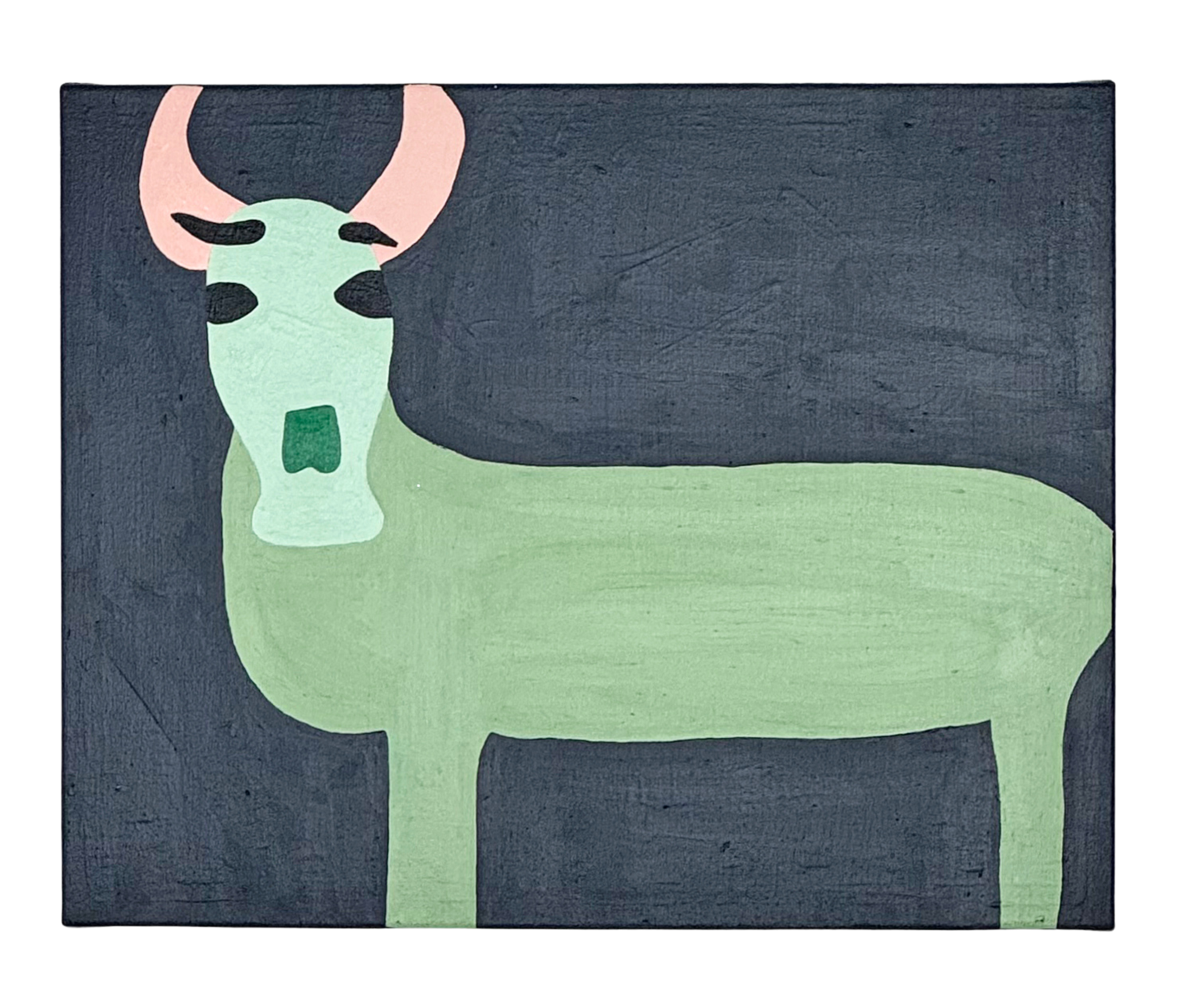 a painting on canvas depicting a green and pink antelope on a black background. The paint is applied in a flat graphic style. The animal's body is divided into distinct shapes, each painted one solid color. 