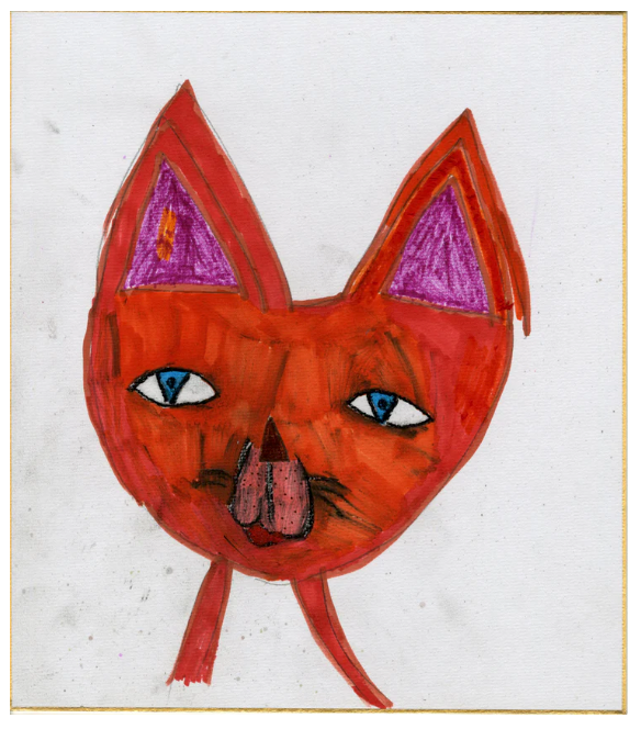 A drawing of a cat's face, with blue eyes, red fur and magenta ears.