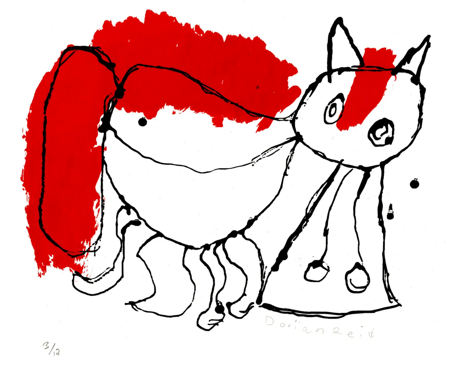 A depiction of an animal with four legs, pointed ears, and a large blotch of red ink running down its back.