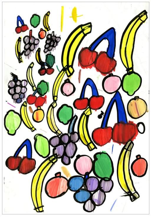 Jeremy Burleson, Untitled (D2041): an assortment of fruit - grapes, bananas, cherries, limes - drawn with thick black outlines.