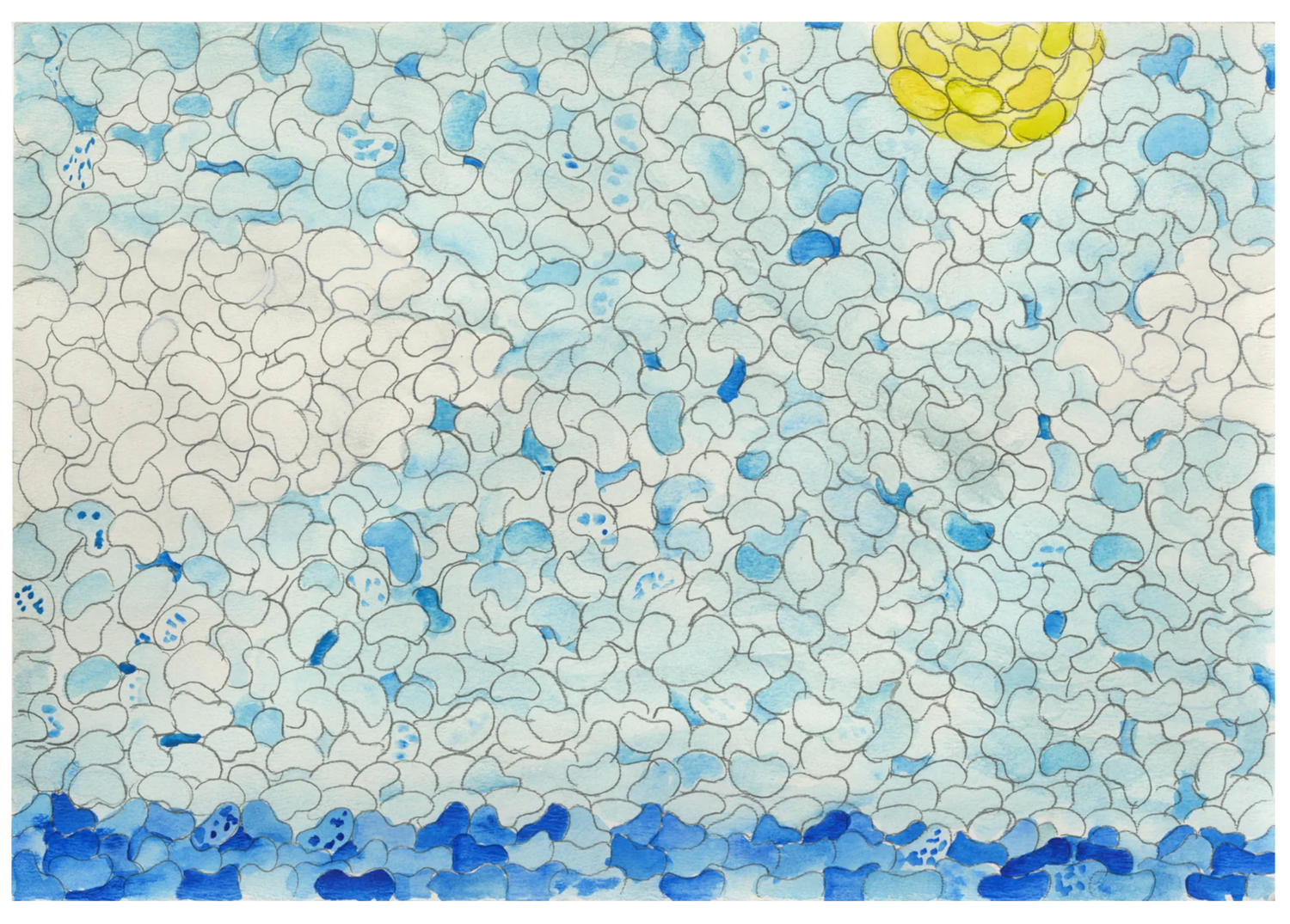 a pencil and watercolor drawing on paper, colored mostly in shades of blue with a yellow semi-circle on the top right corner. the surface of the paper is filled with outlines of small jelly bean shapes.