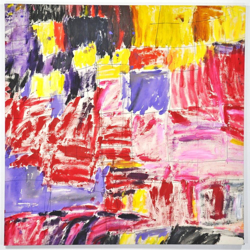 A mixed media abstract painting on canvas. A grid of small and large squares is drawn across the surface. Each square is filled with bright purple, yellow, red, or black paint. 