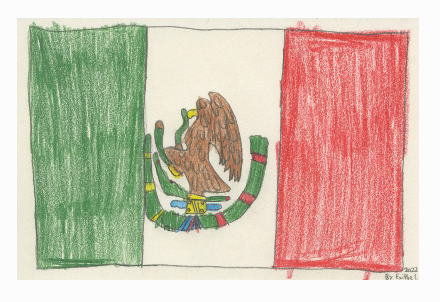 a crayon and pencil drawing of the flag of Mexico: 3 vertical stripes in green, white, and red. In the central white stripe is an eagle on a green curved branch.